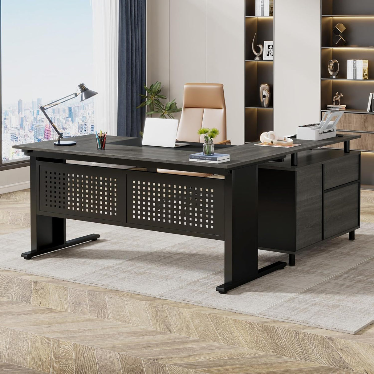 L-Shaped Executive Desk With File Cabinet, Office Workstation With Drawers, Shelves & Storage