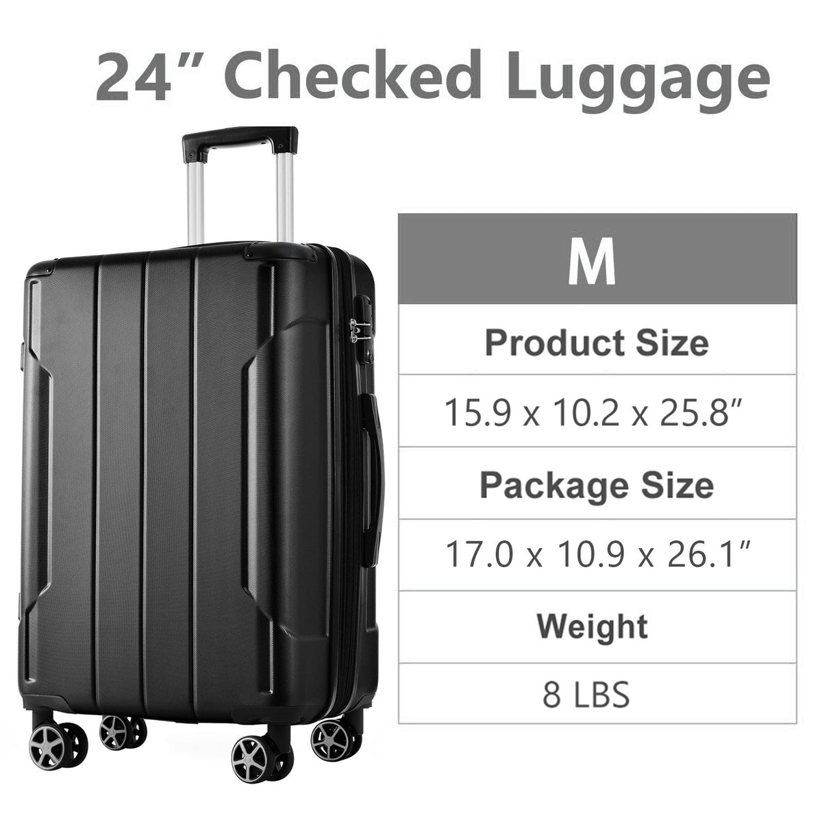 Hardshell Luggage, 24-Inch Expandable ABS Suitcase with Double Wheels, Black