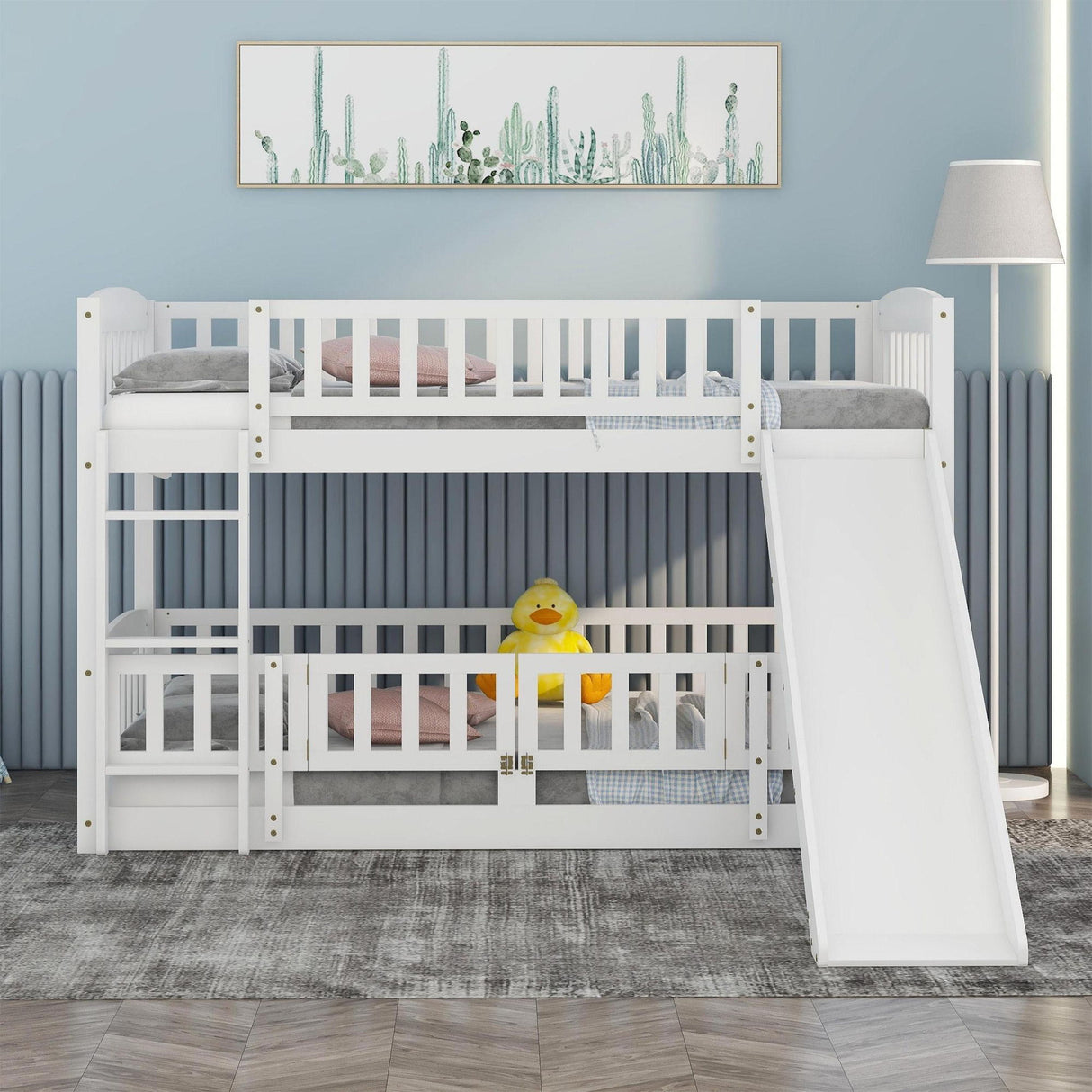 Low Bunk Bed With Slide, Fence And Ladder