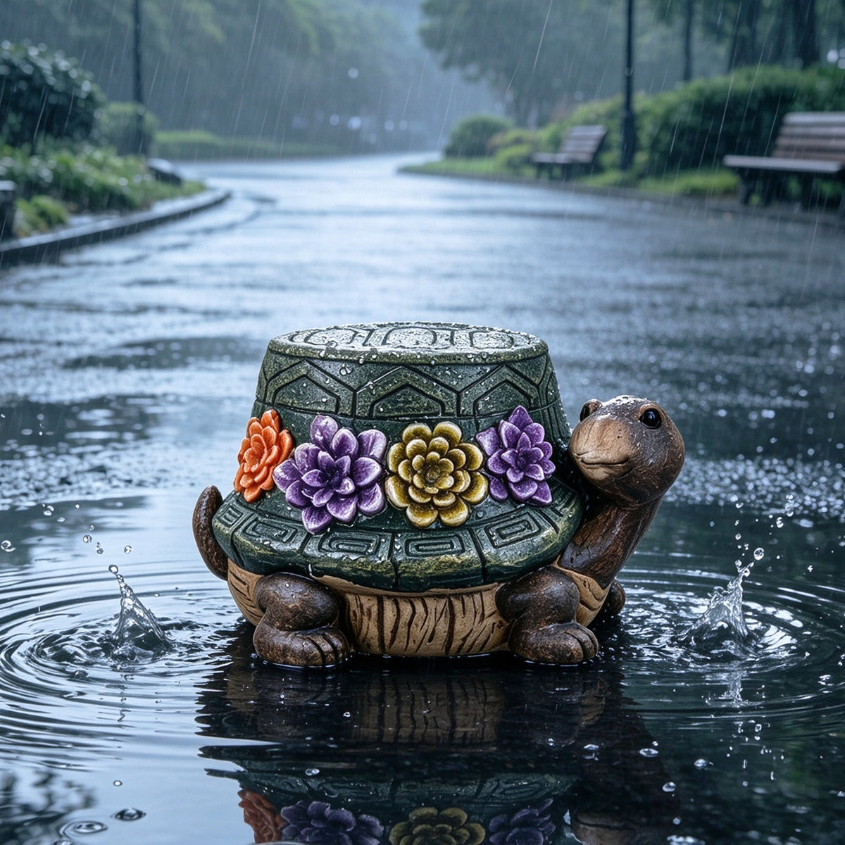 Turtle Garden Statue Outdoor Stool with Floral Detail - Multi-Color