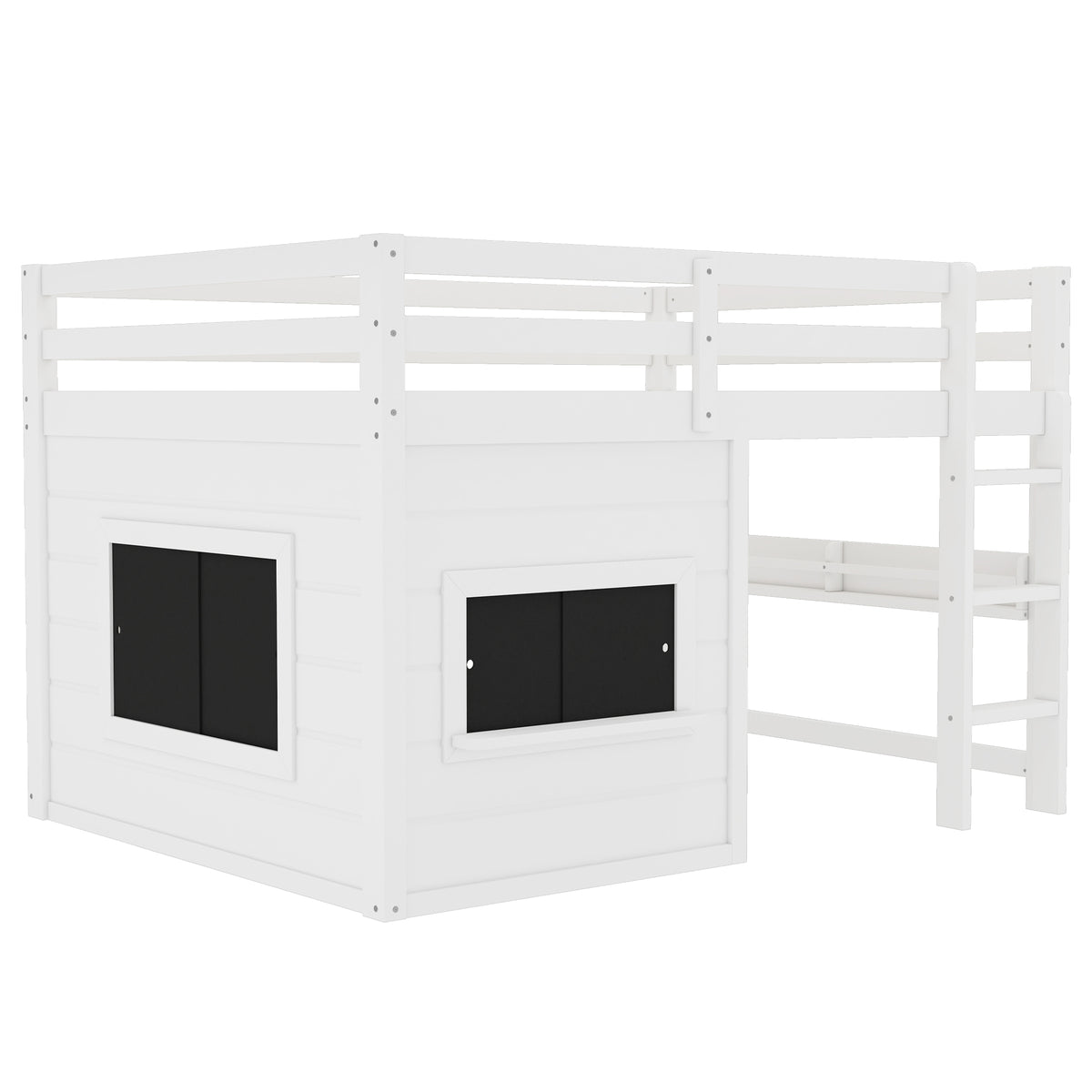 Full Size Loft Bed With Sliding Chalkboard & Bookshelf