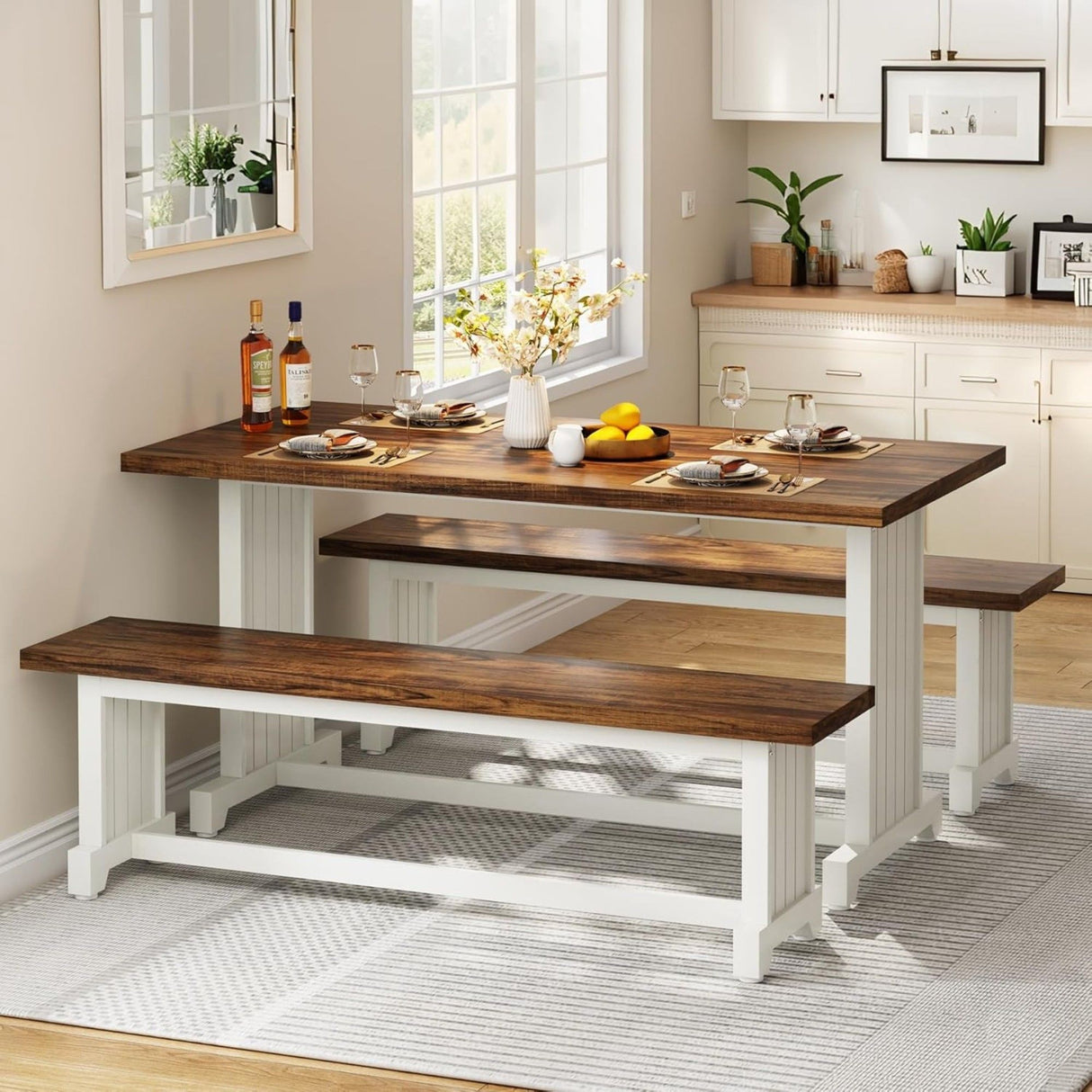3 Piece Dining Table Set For 2 - 4, With Space Saving Benches - Brown / White