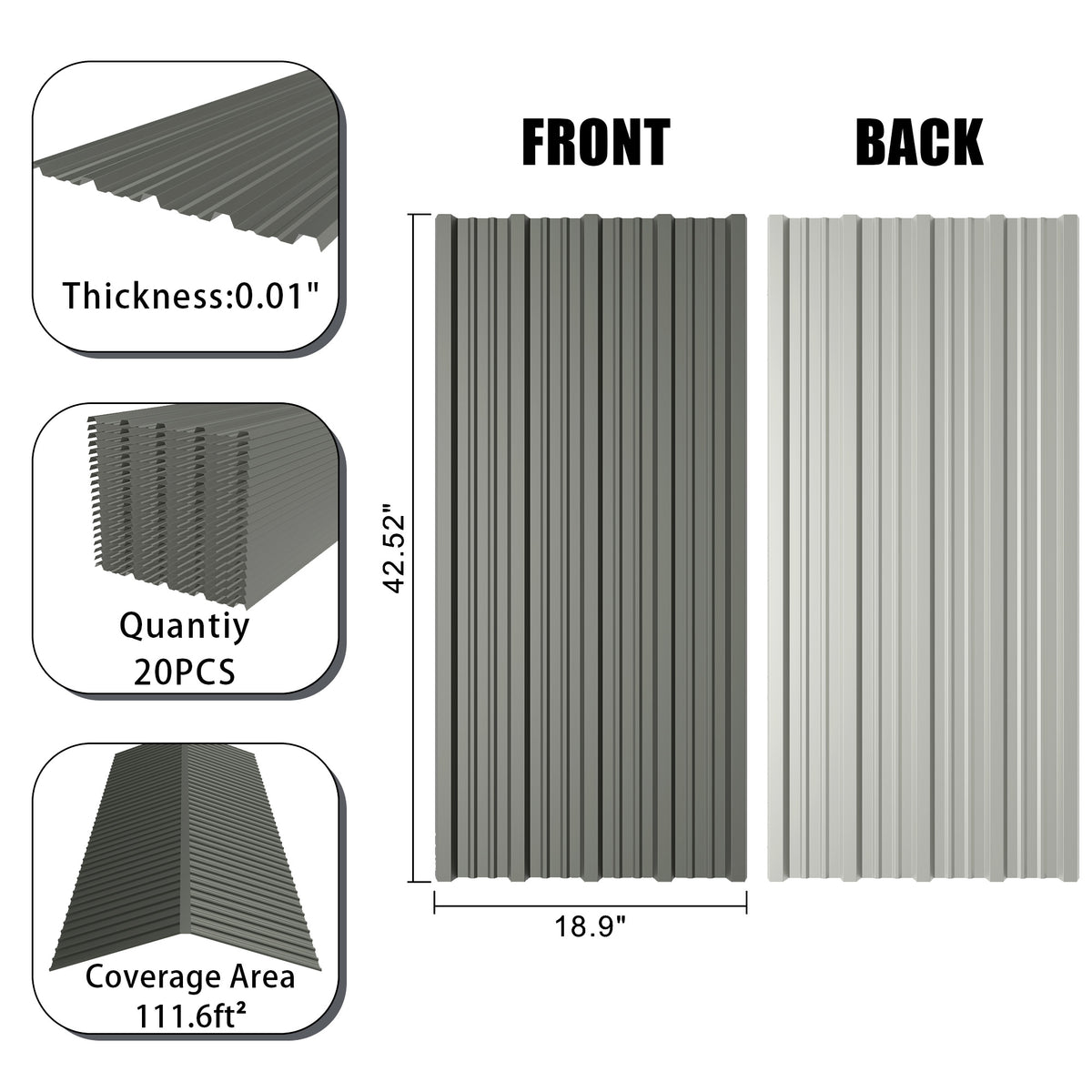 20 Pcs 42.52''X18.9'' Corrugated Metal Roofing Panels
