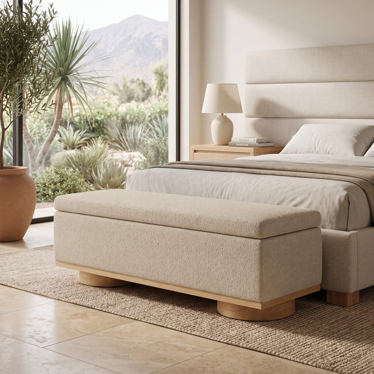 Modern 50" Oatmeal Upholstered Storage Bench