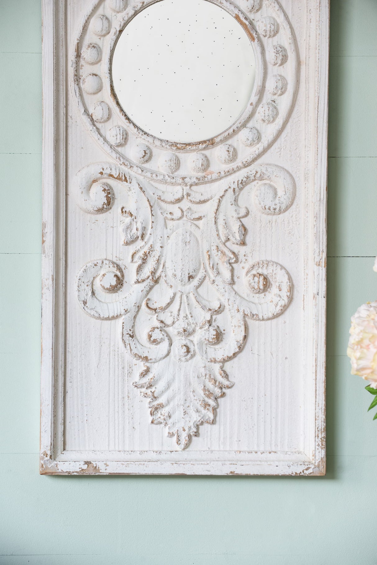 Large Wooden Wall Art Panels With Distressed Round Mirror Accents (Set of 2) - White