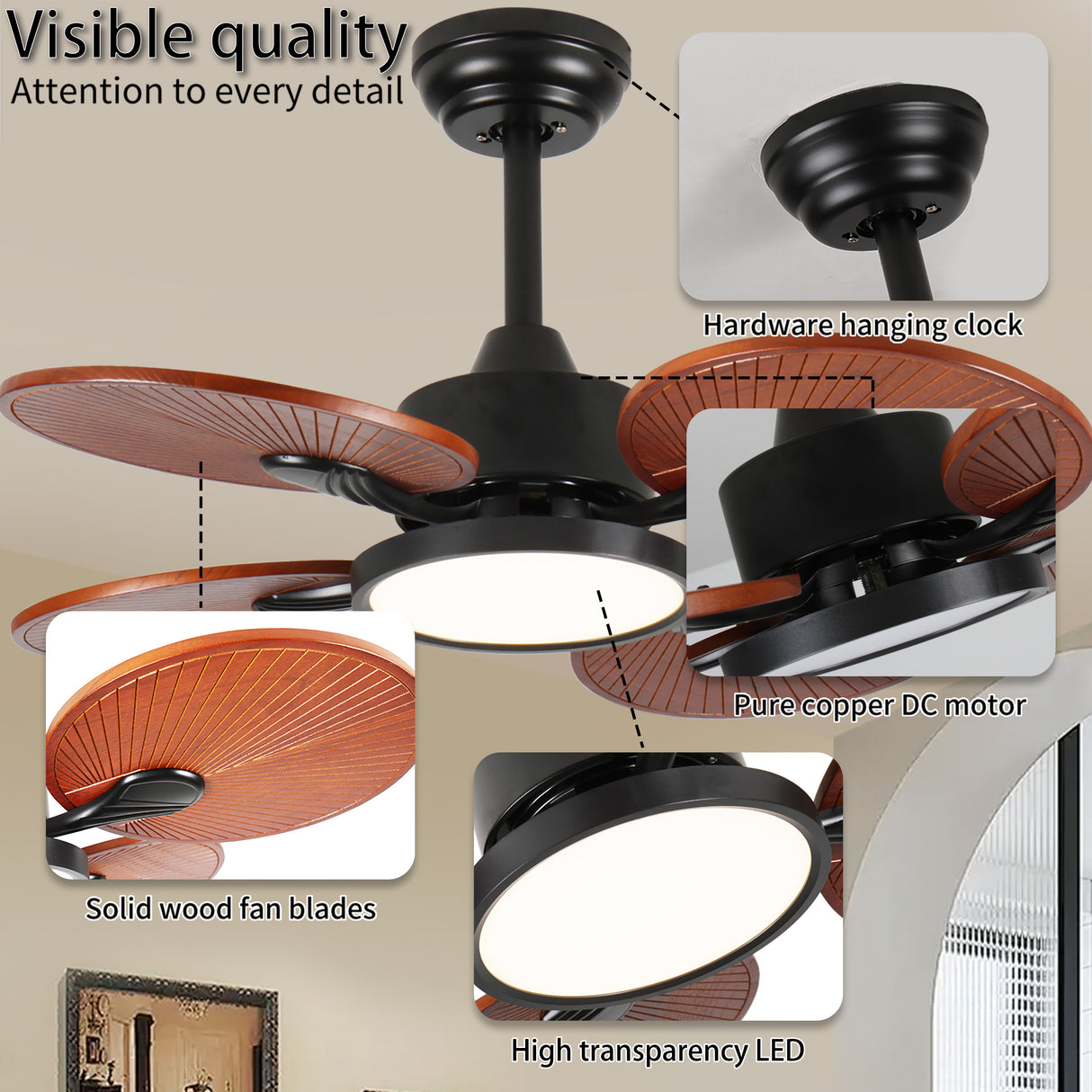 33-Inch Ceiling Fan with Light and 5 Solid Wood Blades
