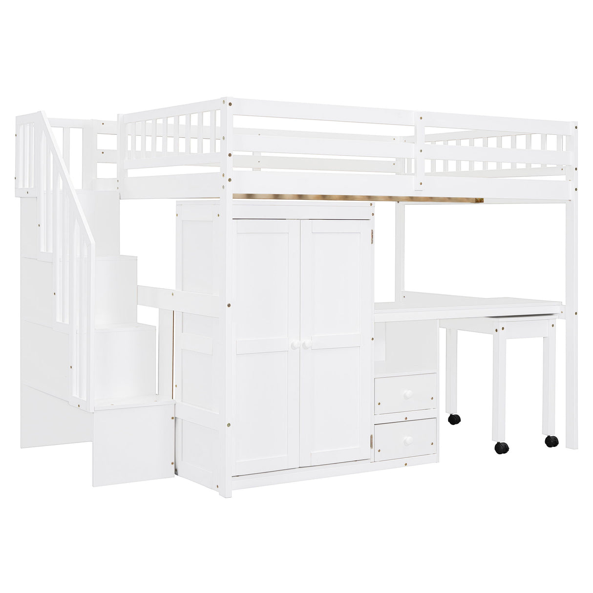 Loft Bed With Stairs, Bookshelf, Drawers, Desk & Wardrobe, Space Saving Multifunctional Furniture