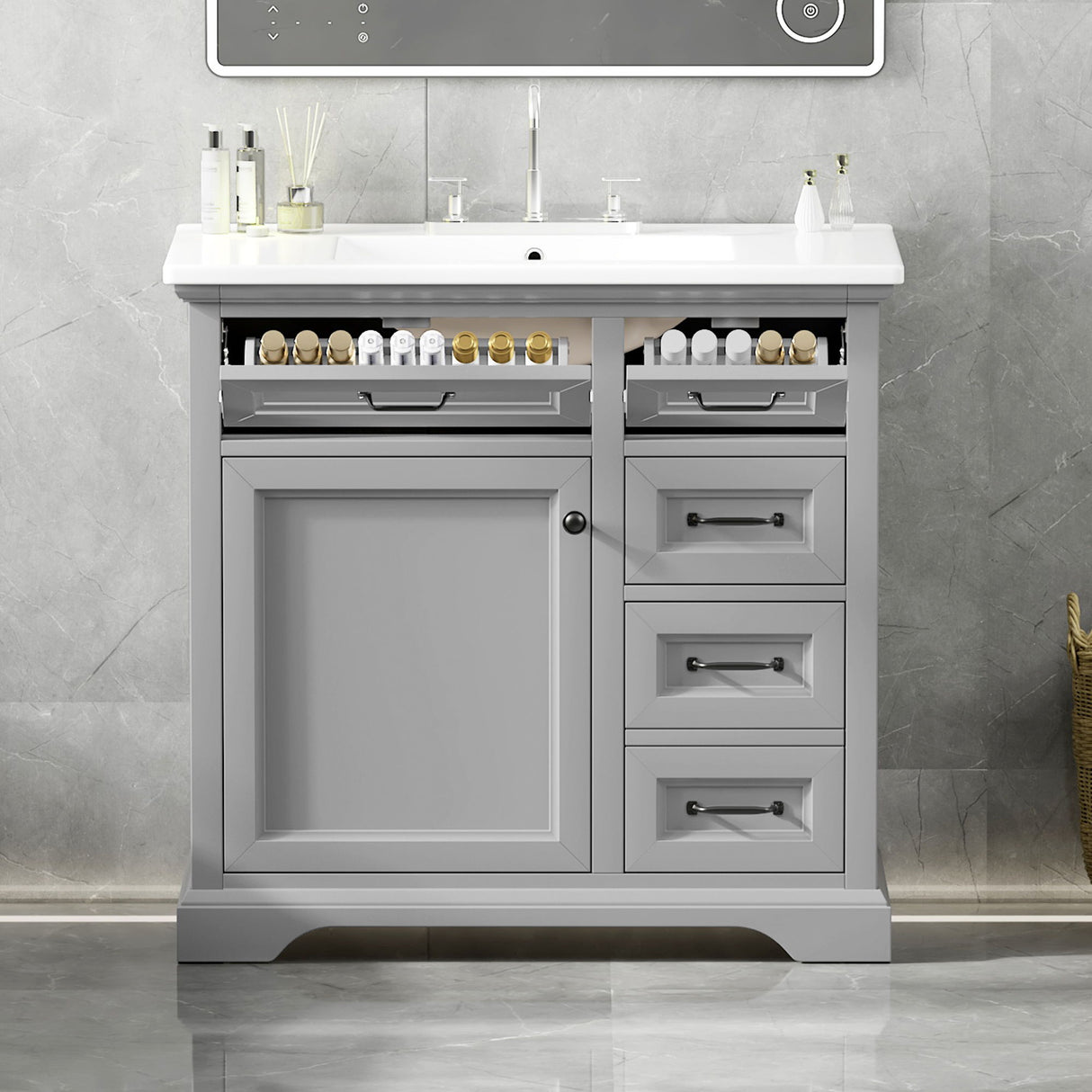 36" Bathroom Vanity With Sink, 2 Tip-Out Drawers, Soft Close Hinges