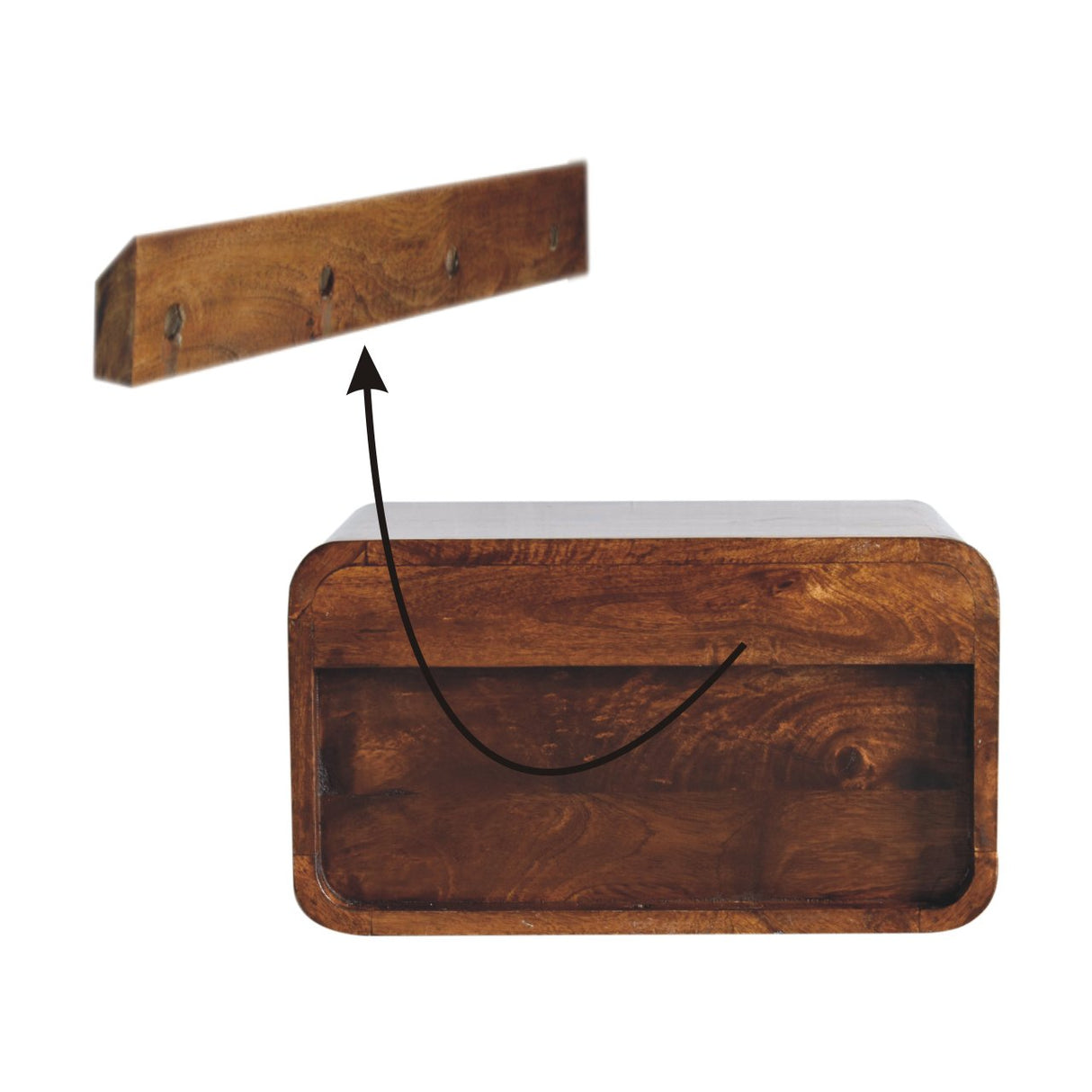 Large Floating Bedside, Curve Open Upper Slot, 1 Drawer, Chestnut