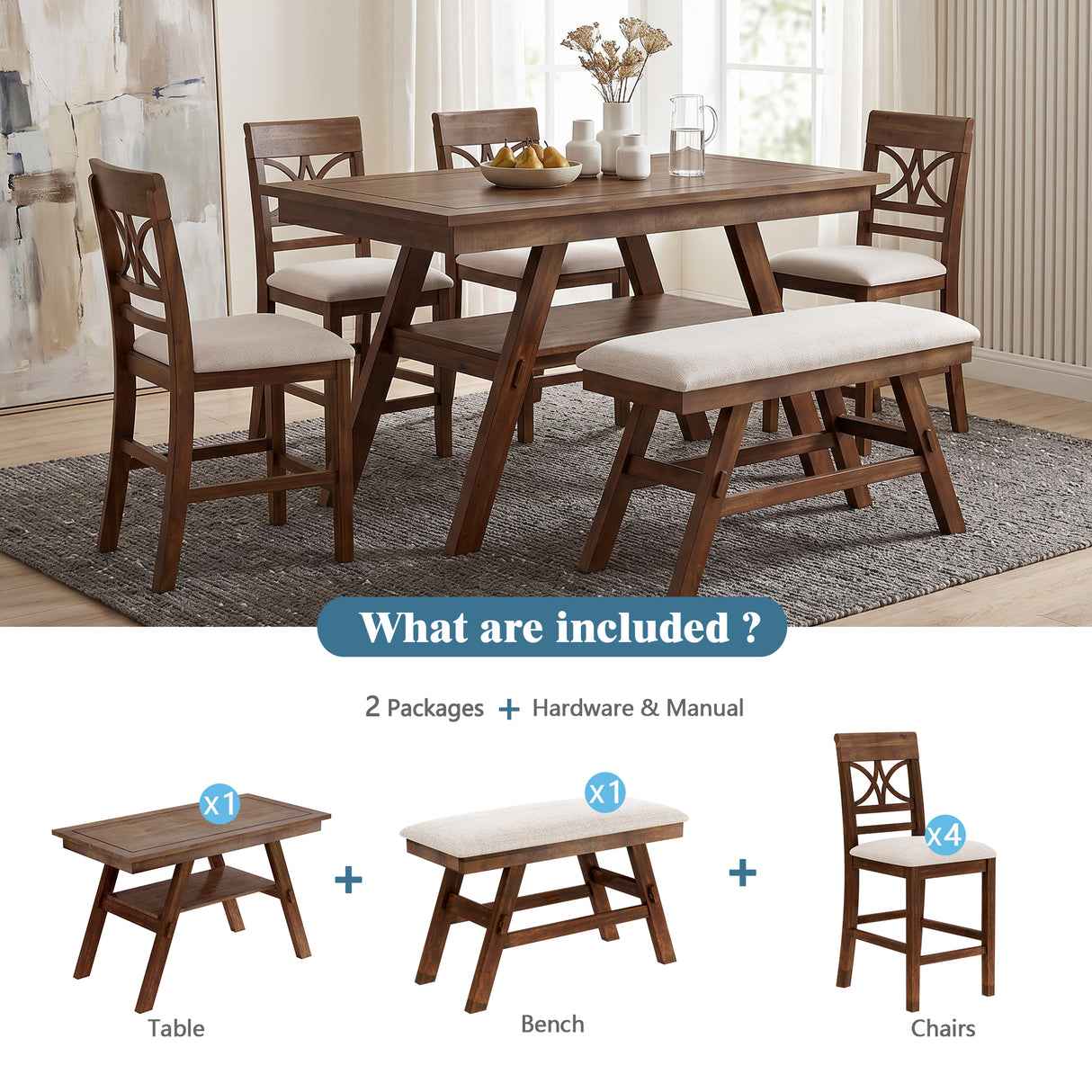 Topmax 6-Piece Wood Counter Height Dining Table Set with Storage Shelf