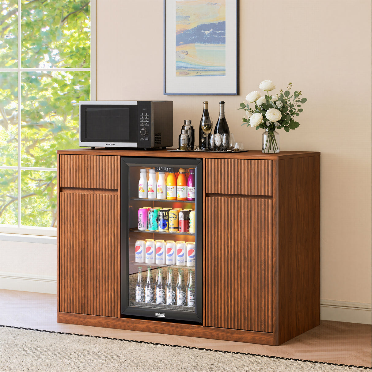 53.2" Fluted Buffet Wine Cabinet with Mini Fridge Nook