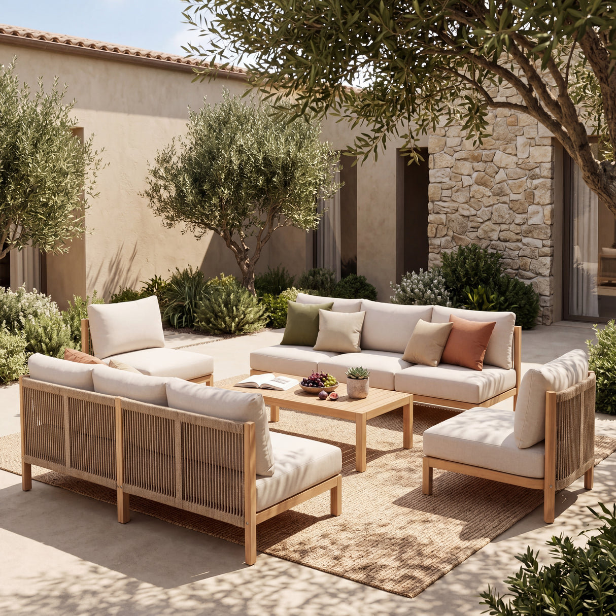 5 Piece Acacia Wood Outdoor Sofa Set with Rope-Woven Chairs