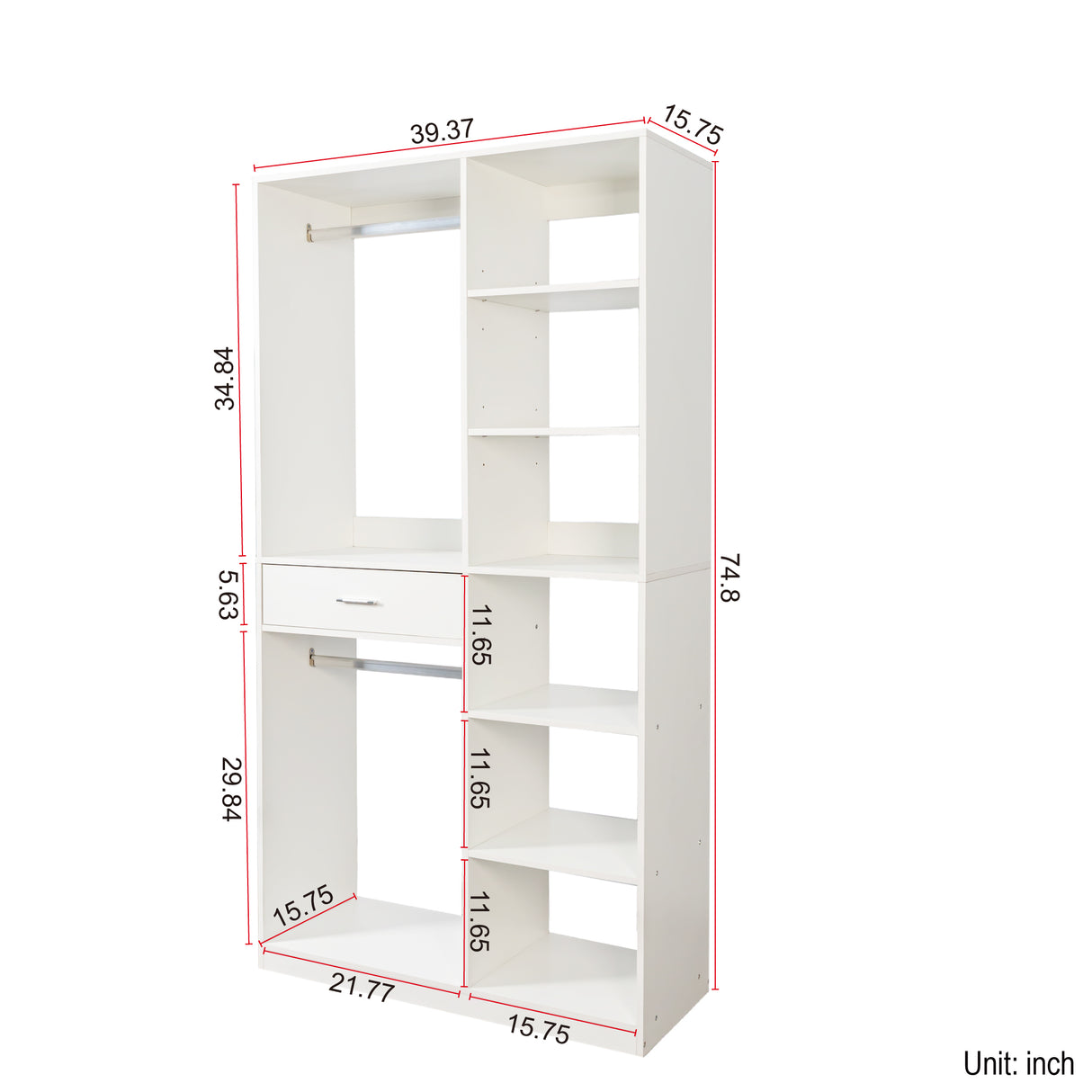 Freestanding Closet System with 6 Open Shelves and 2 Hanging Rods