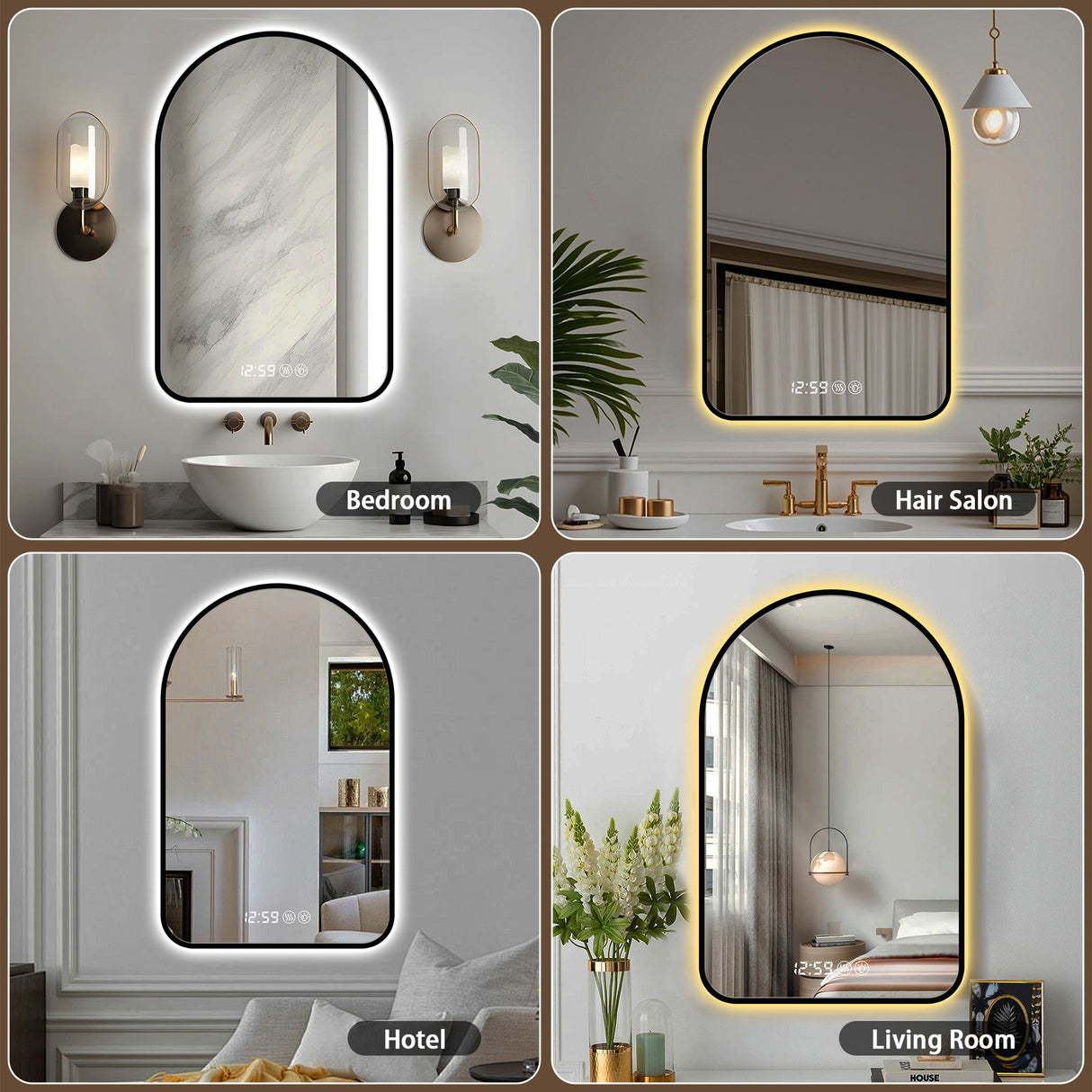 Arched LED Vanity Mirror With Time & Temperature Display, Anti-Fog, Dimmable Backlight In Frame, 3 Color Temperatures
