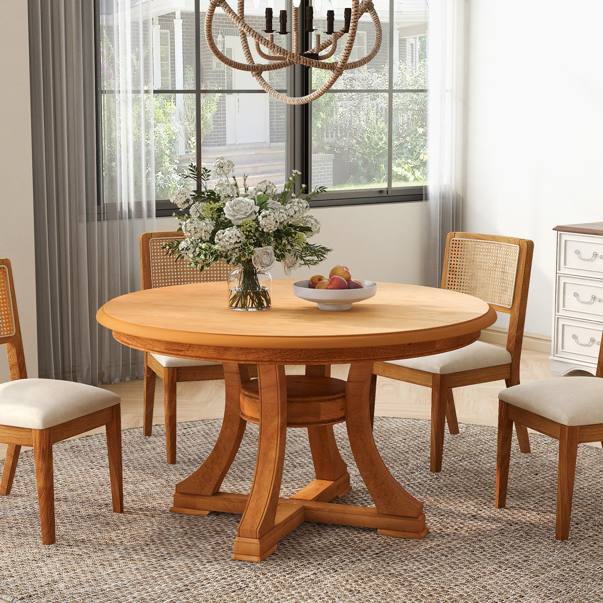 7-Piece Round Extendable Solid Wood Dining Table Set