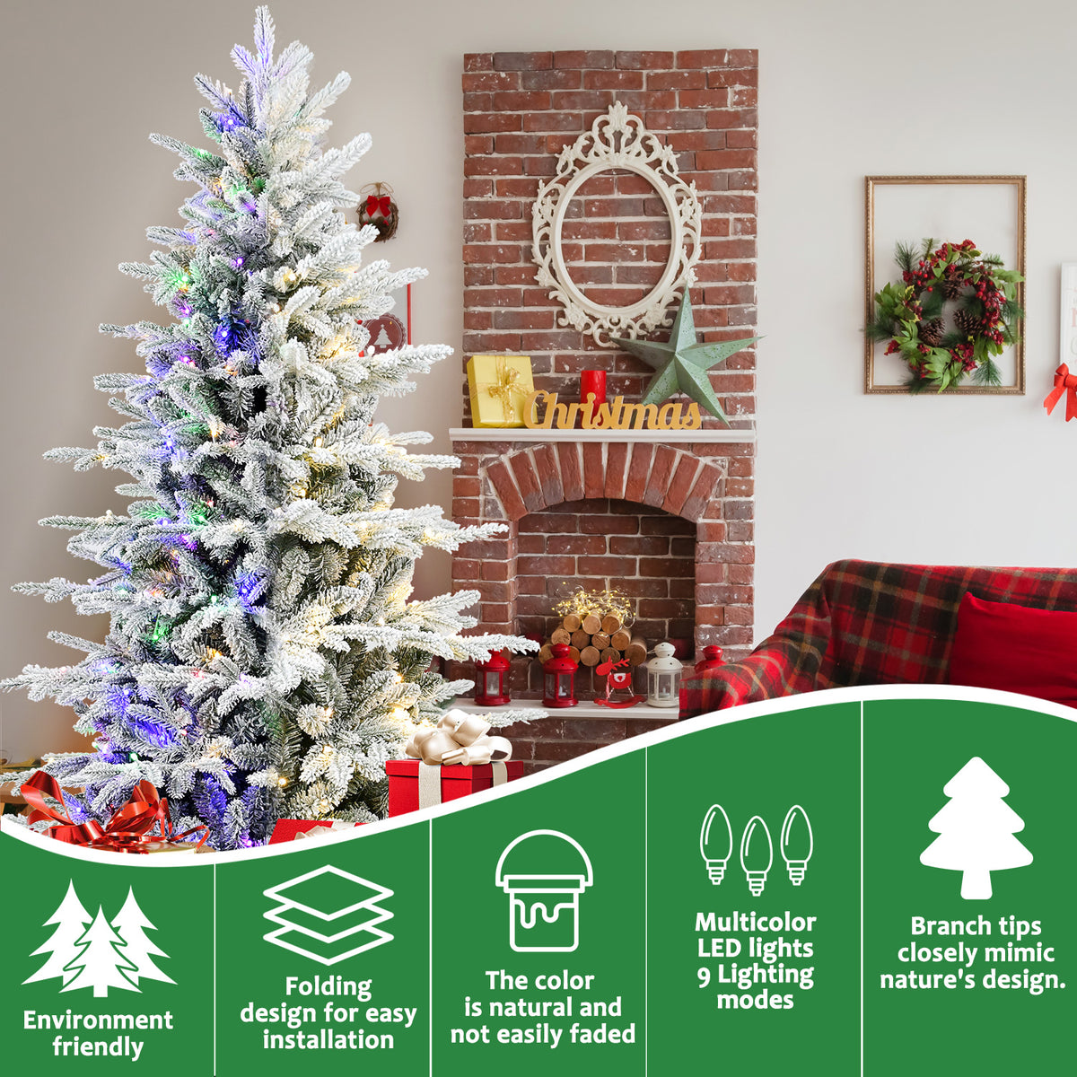 6FT Snow Flocked Artificial Christmas Tree with LED Lights