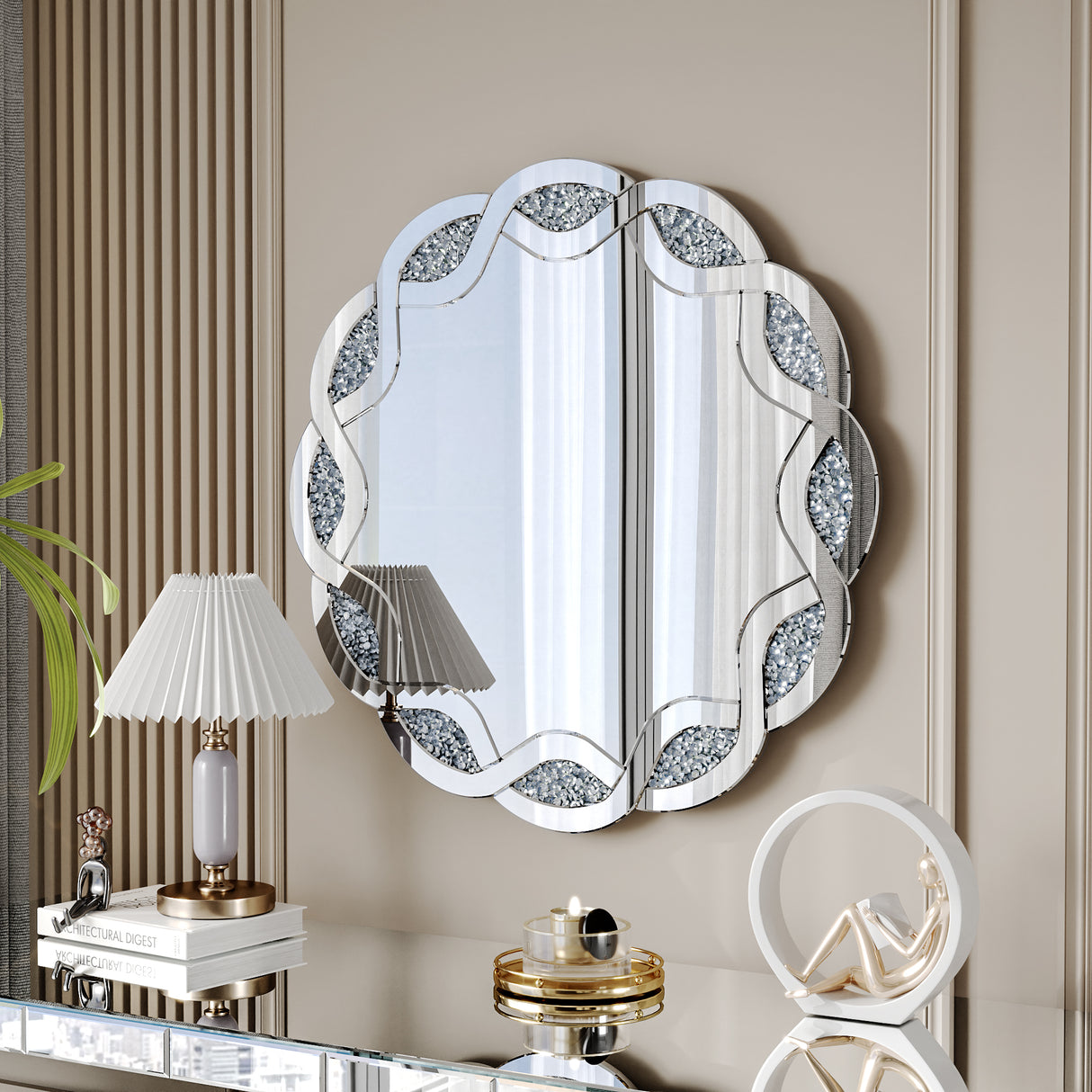 Silver Crush Diamond Round Wall Mirror