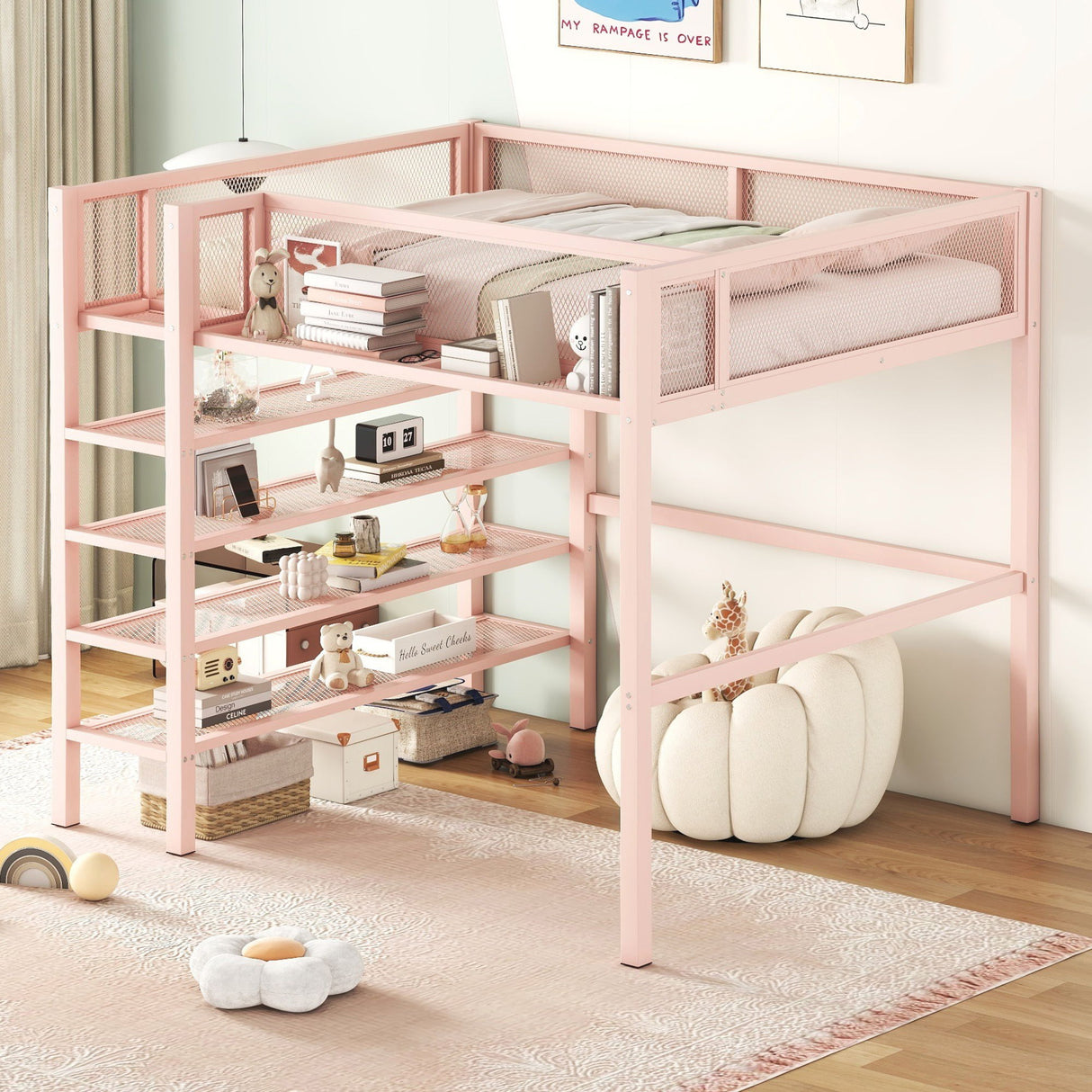 Loft Bed With 4 Tier Shelves And Storage