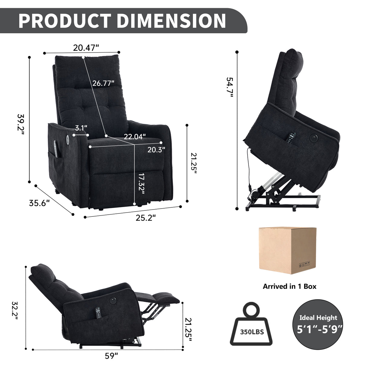 Black Chenille Single Motor Power Lift Recliner Chair