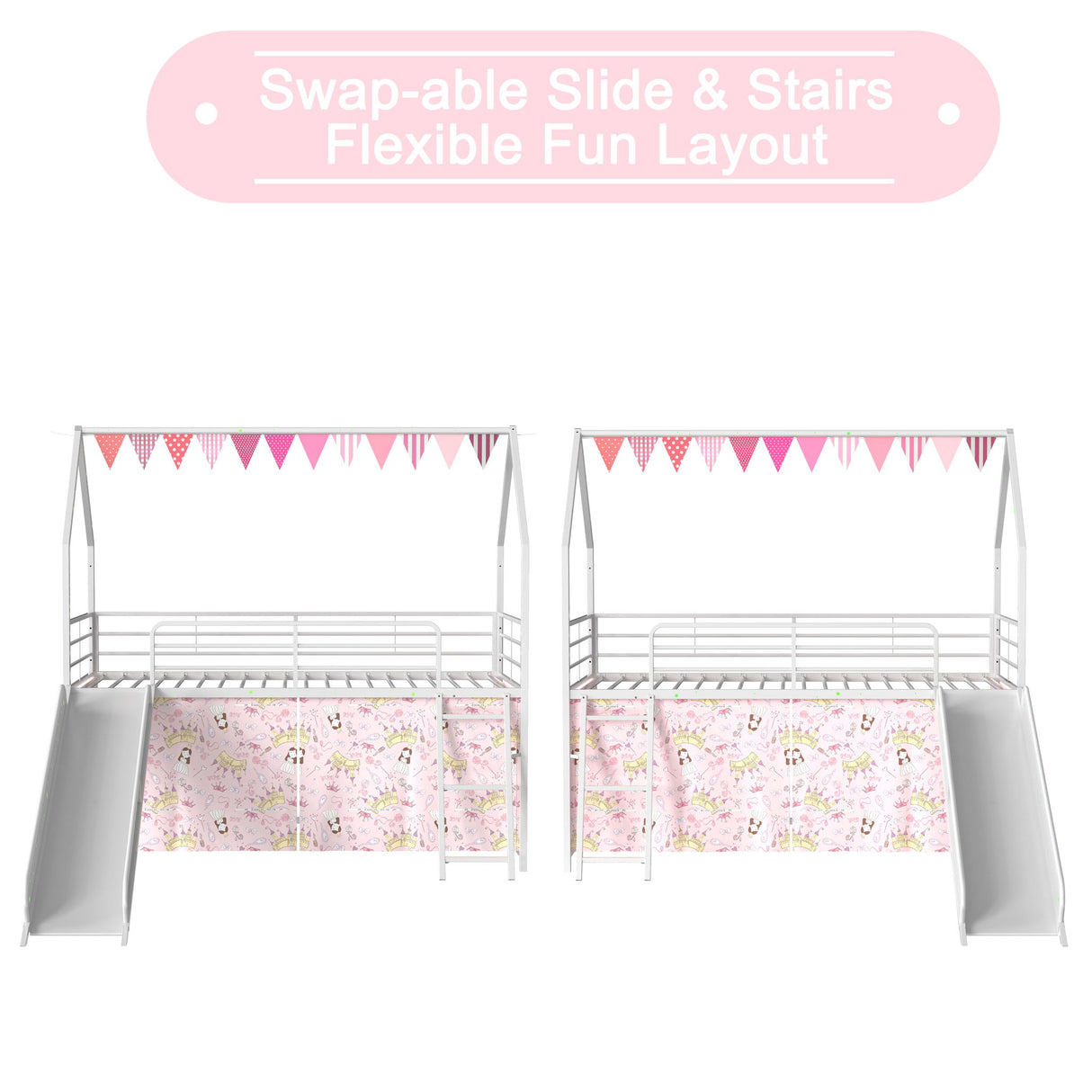 Jack - House Loft Bed With Slide And Curtain Set