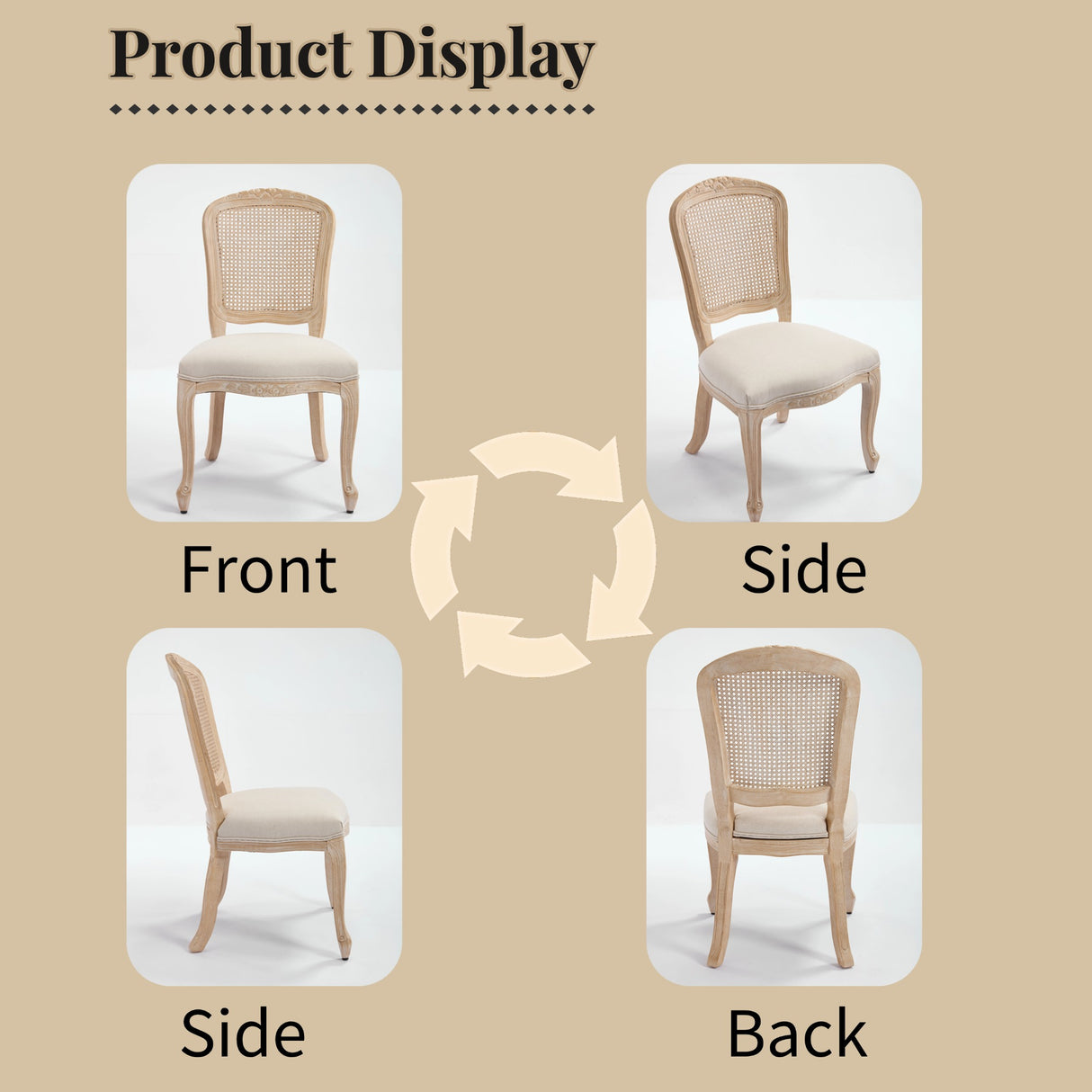 French Country Dining Chairs Set of 2, Upholstered with Rattan Fan-shaped Back