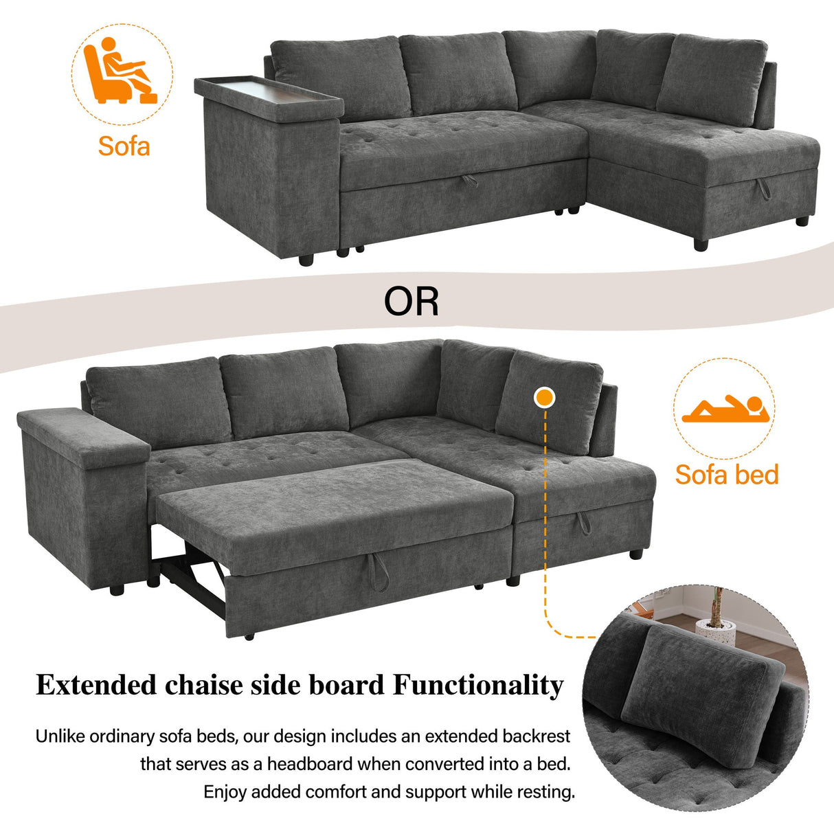 L Shaped Couch With Pull Out Bed And Storage Sectional Sleeper Sofa With Hidden Storage, Wide Armrest With Storage, For Living Room, Apartment, Bedroom, Office - Best Buy Furniture