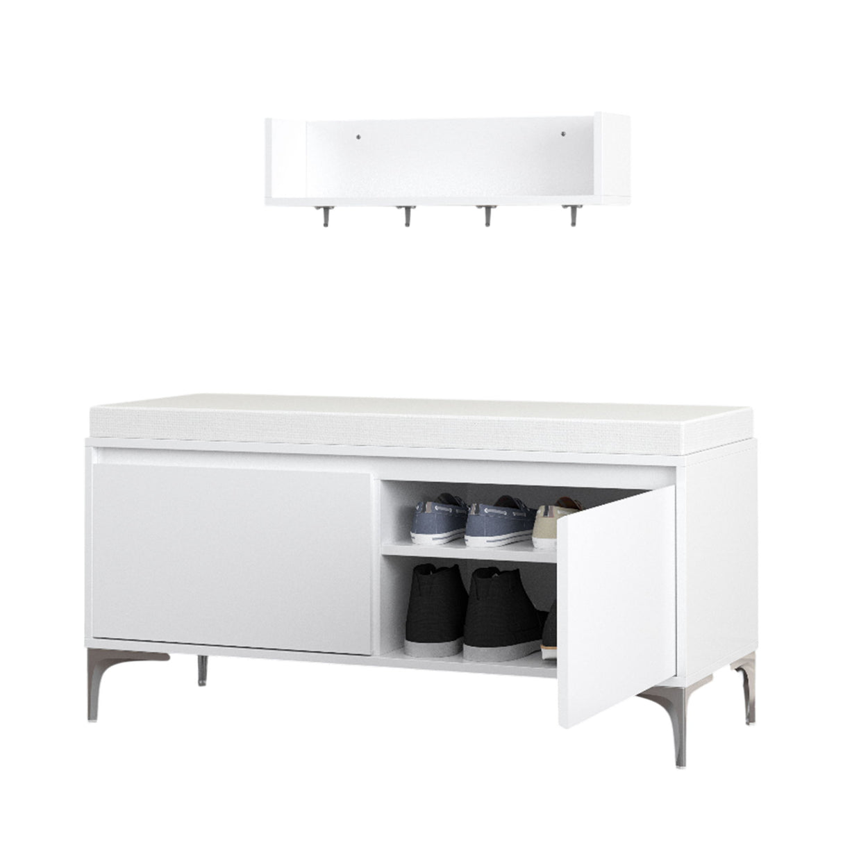 Wall Mounted Entryway Shelf With Hooks And Storage Bench Set - Off White
