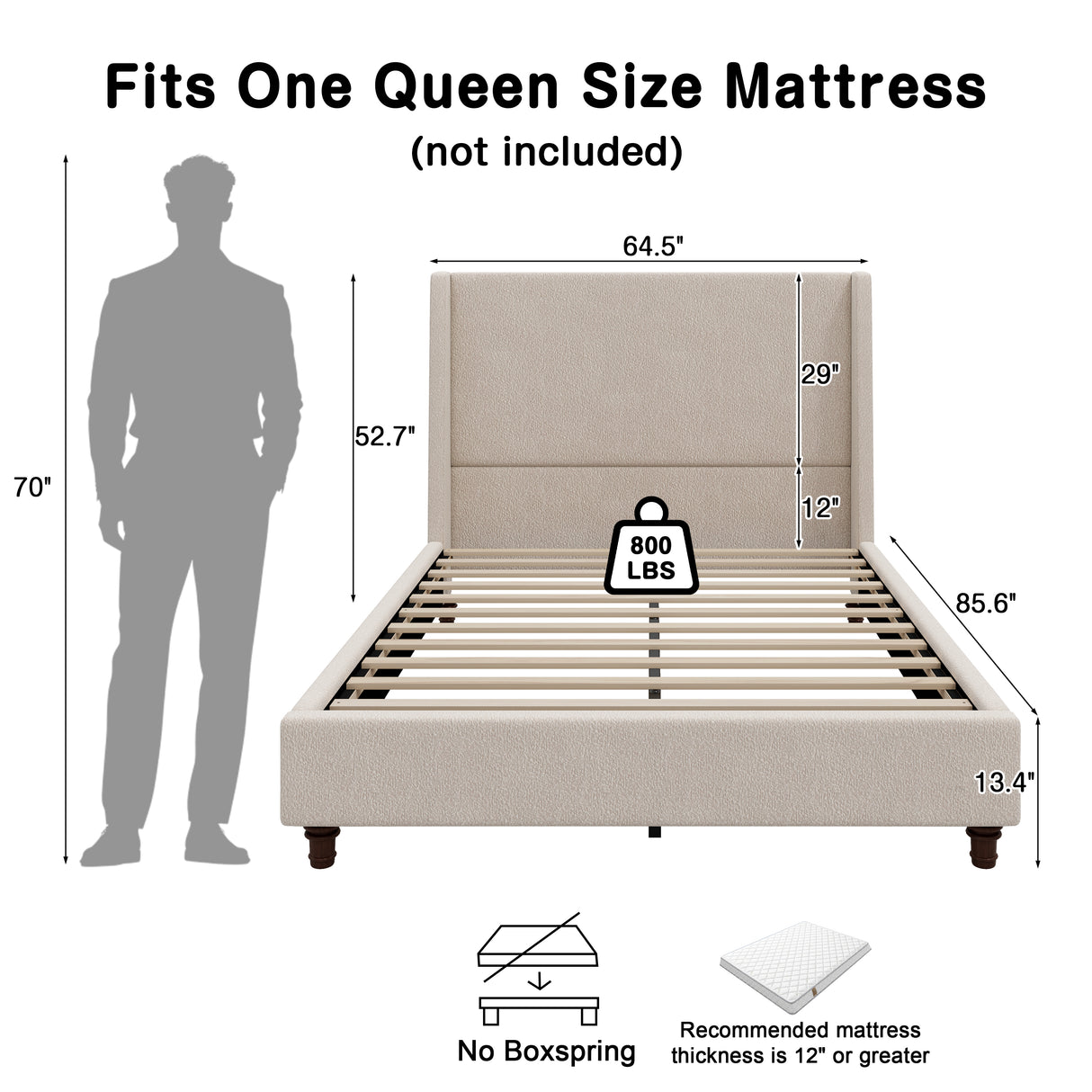 52.7" Tall Wingback Upholstered Queen Size Platform Bed Frame
