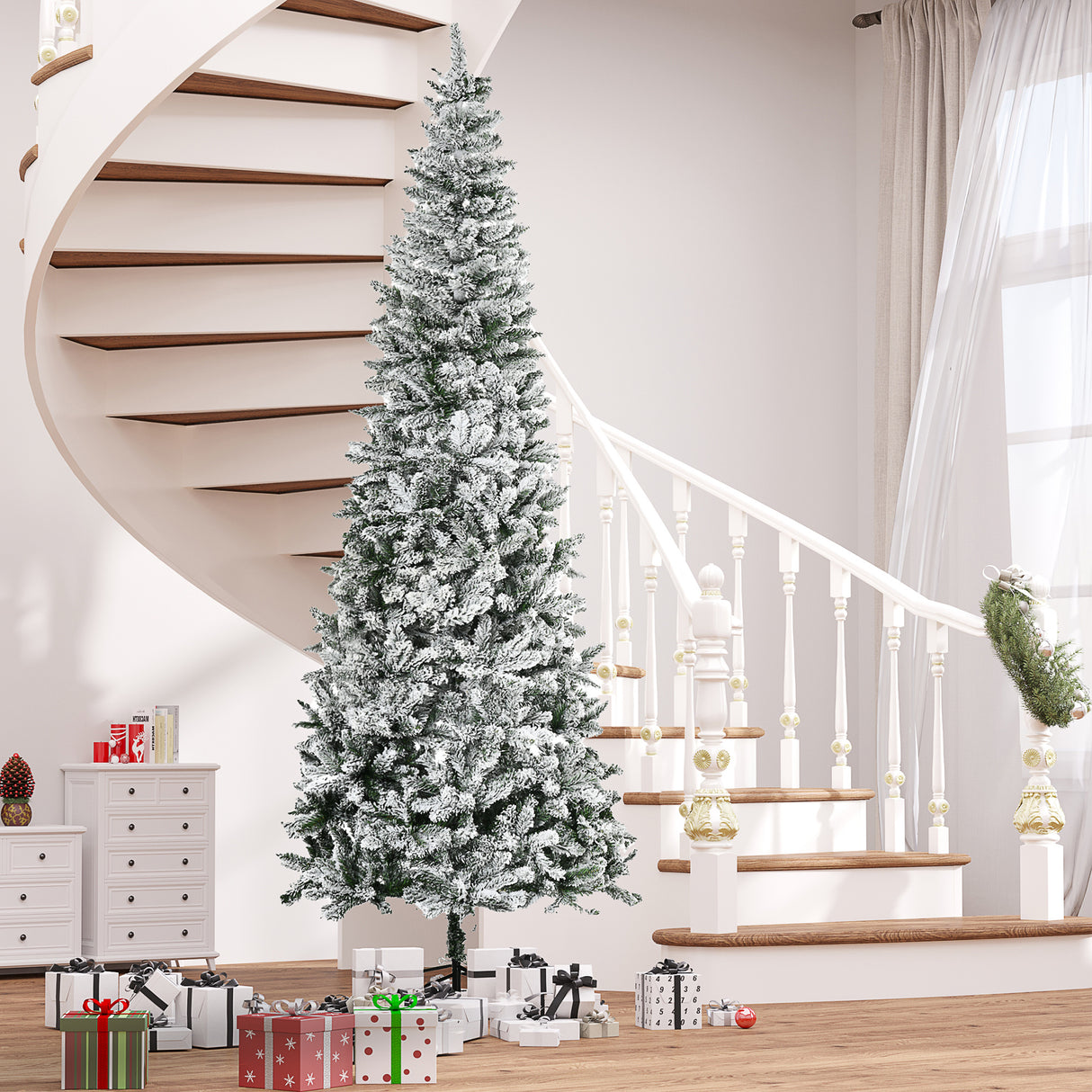 HOMCOM 9ft Unlit Snow-Flocked Slim Pine Artificial Christmas Tree