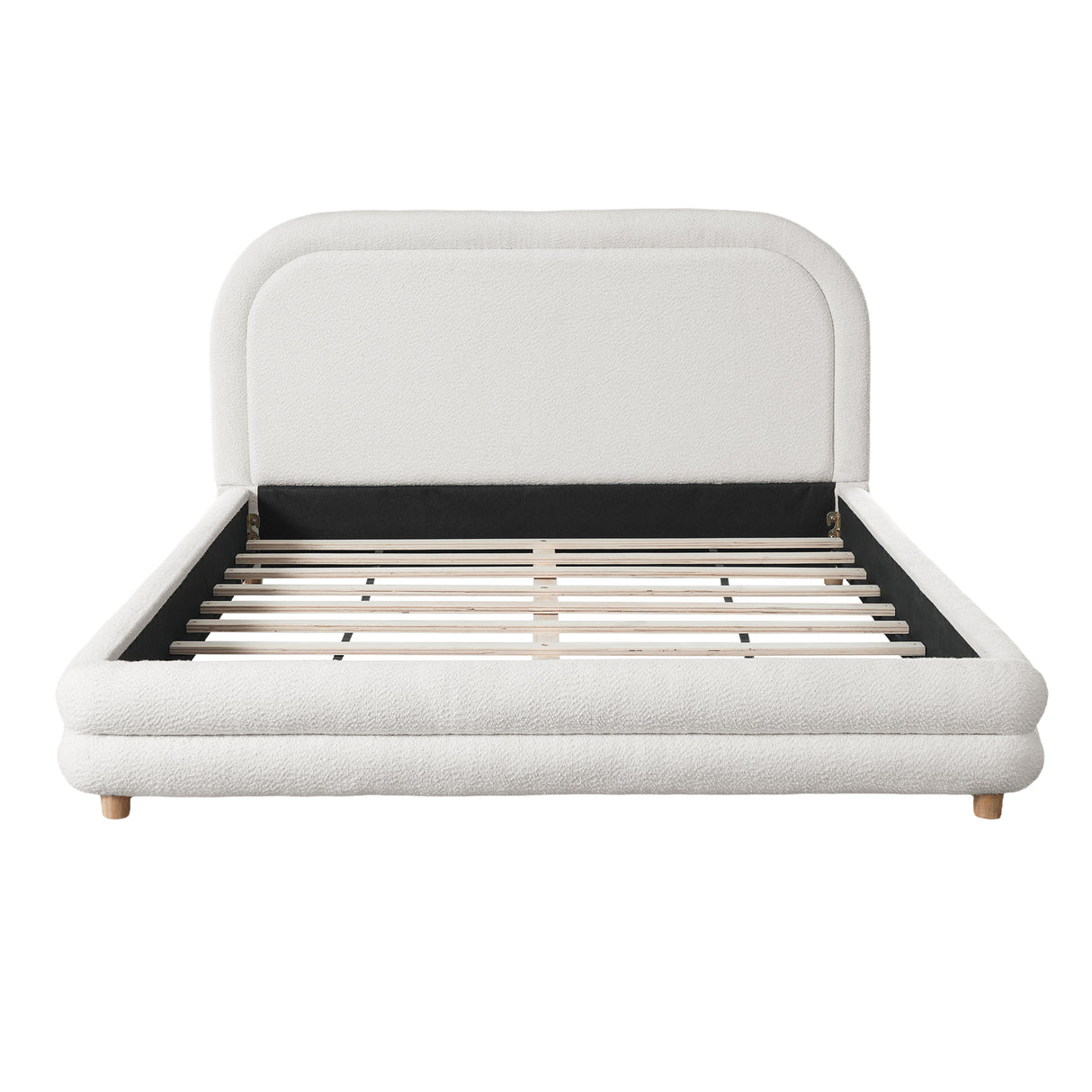 Queen Size Bed Frame With Boucle Upholstered Thick Curved Headboard, Solid Wood Legs