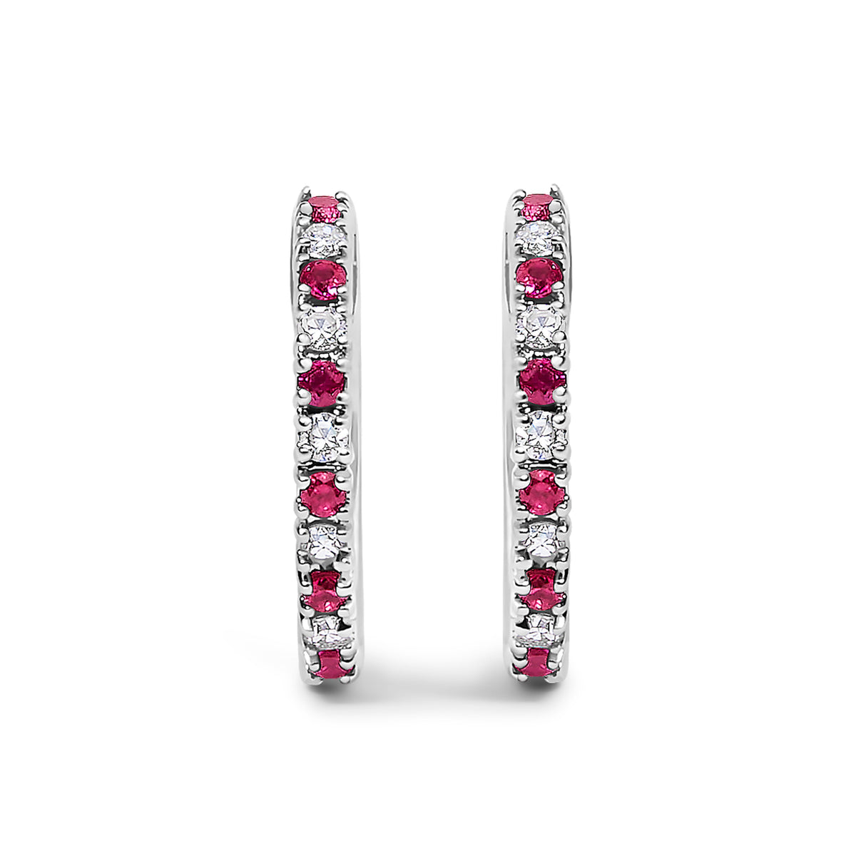 10K White Gold Alternating Diamond and Red Ruby Huggy Hoop Earrings (I-J Color, I1-I2 Clarity)