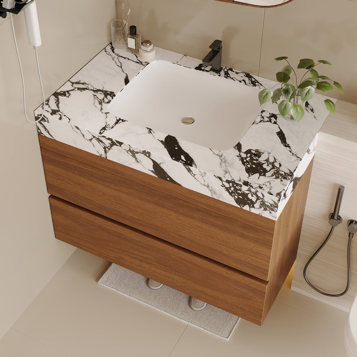 29.9" Modern Floating Bathroom Vanity with Faux Marble Top
