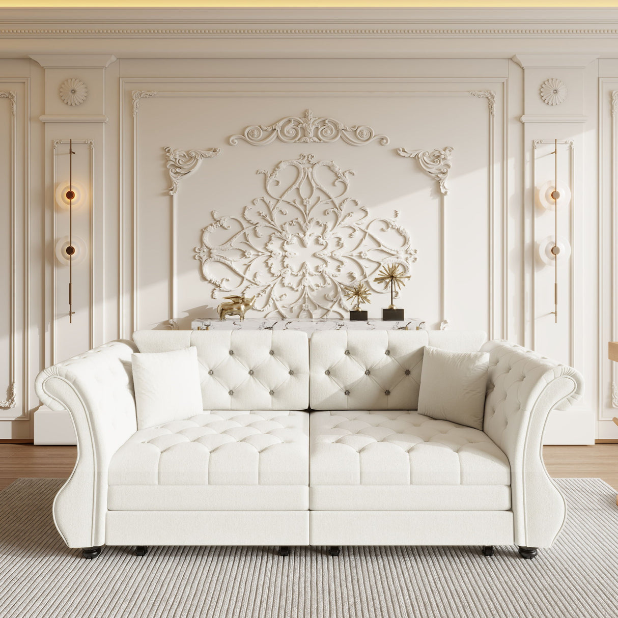 Oversized Chesterfield Pull Out Sofa Bed, Roll Arm Couch With Flower Tufting For Living Room
