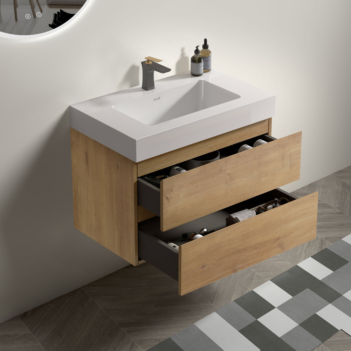 Alice 30" Wall-Mounted Bathroom Vanity, Natural Wood with Soft-Close Drawers