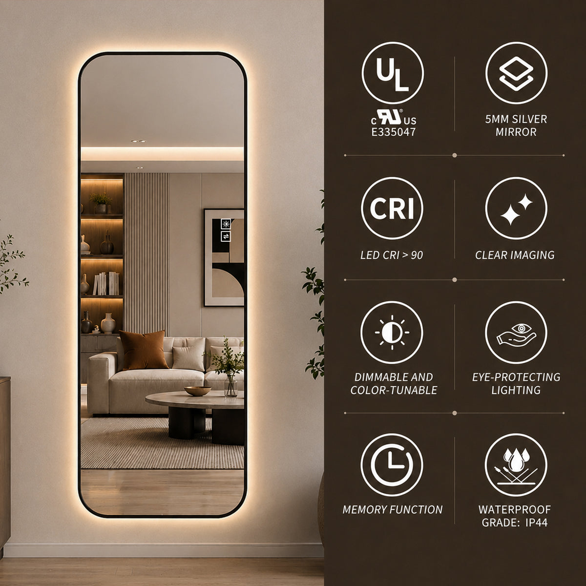 65" x 24" Oversized Backlit Rectangular LED Full Length Mirror