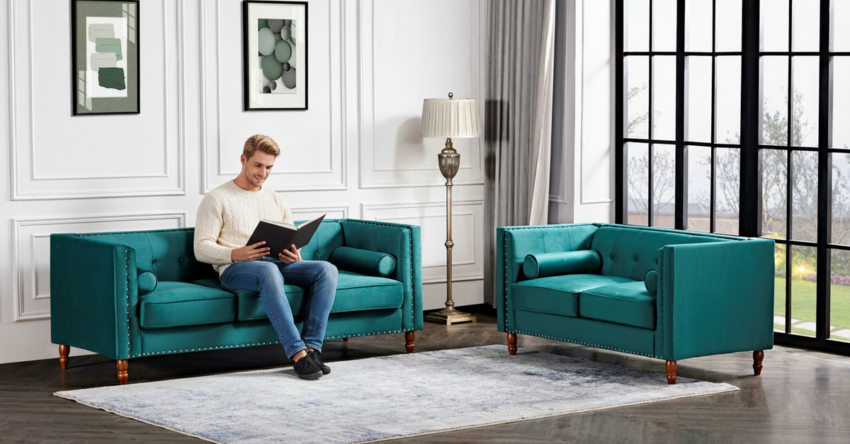 Chesterfield Button Tufted 3-Seater Sofa, Green Velvet with Nailhead Trim