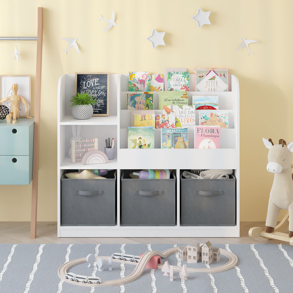 Bookcase And Bookshelf With 3 Collapsible Drawers, Multifunctional Display Stand