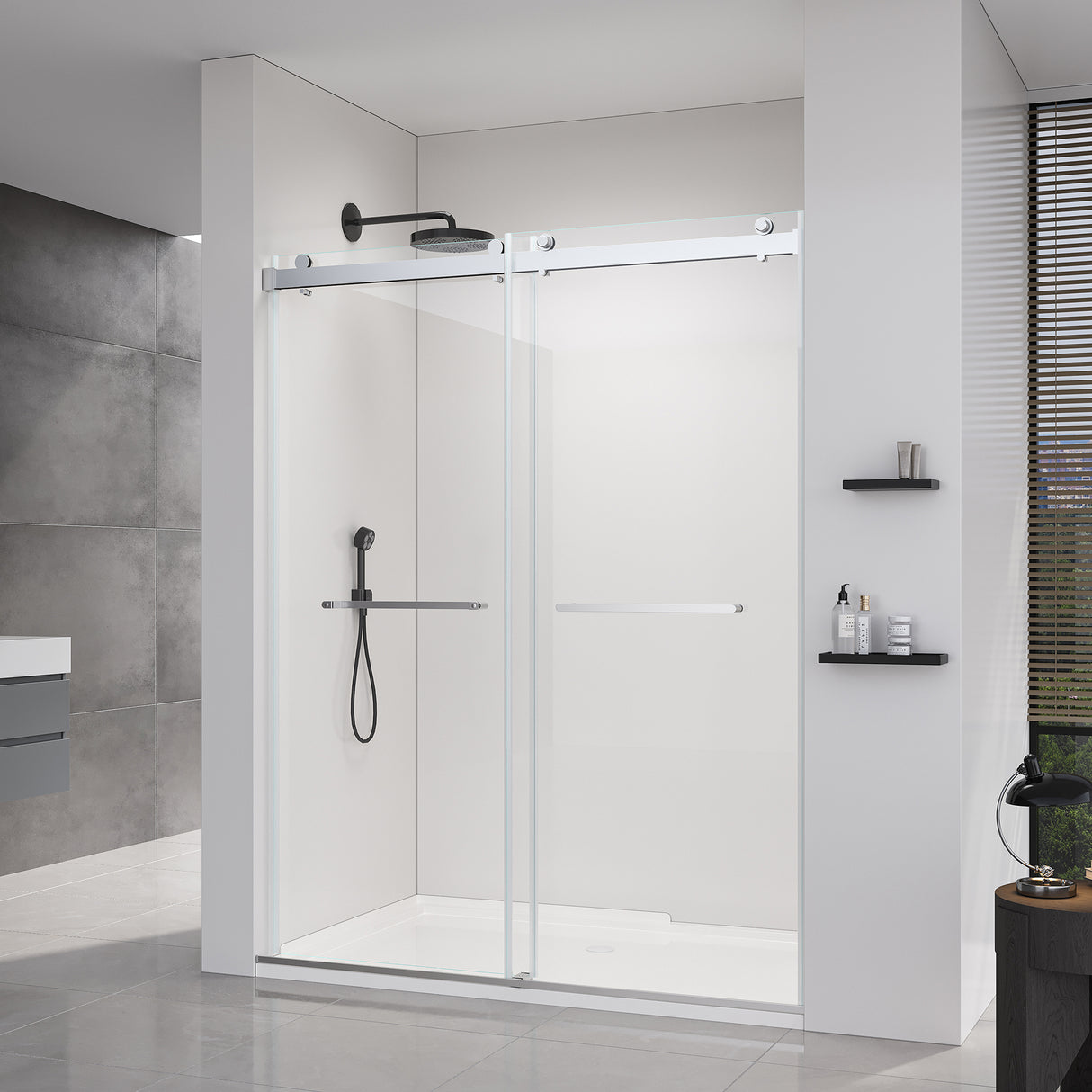 56-60*76 INCH Double Sliding Frameless Soft-Close Shower Door with Premium (8mm)Thick Tampered Glass and Easy-Cleaning Coating In --Brushed Nickel