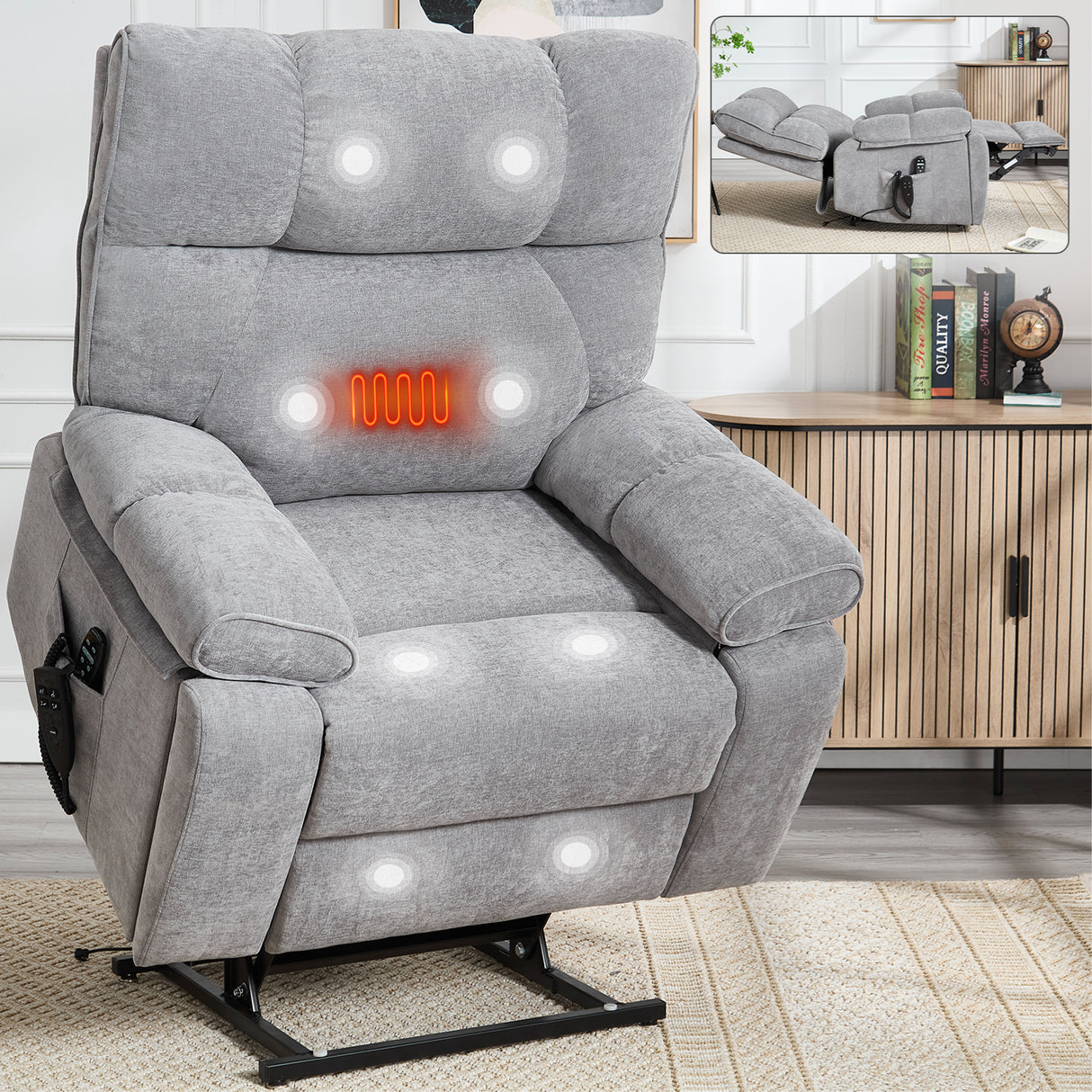 Grey Heat Massage Dual Motor Electric Power Lift Recliner