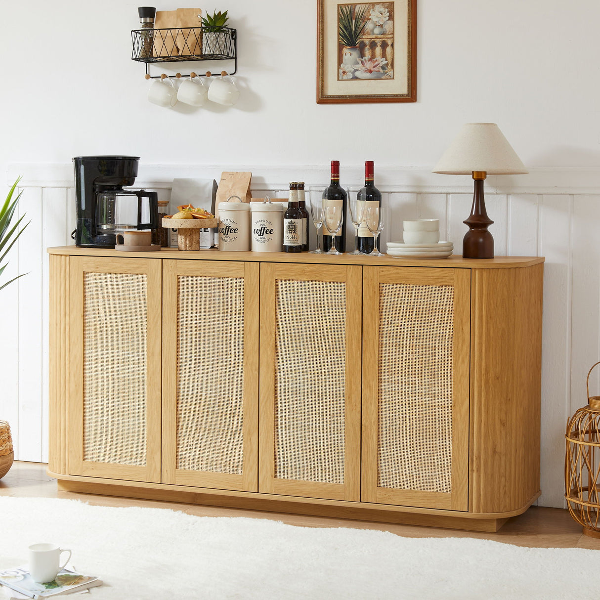 Contemporary Wave Shaped TV Stand With Rattan Doors