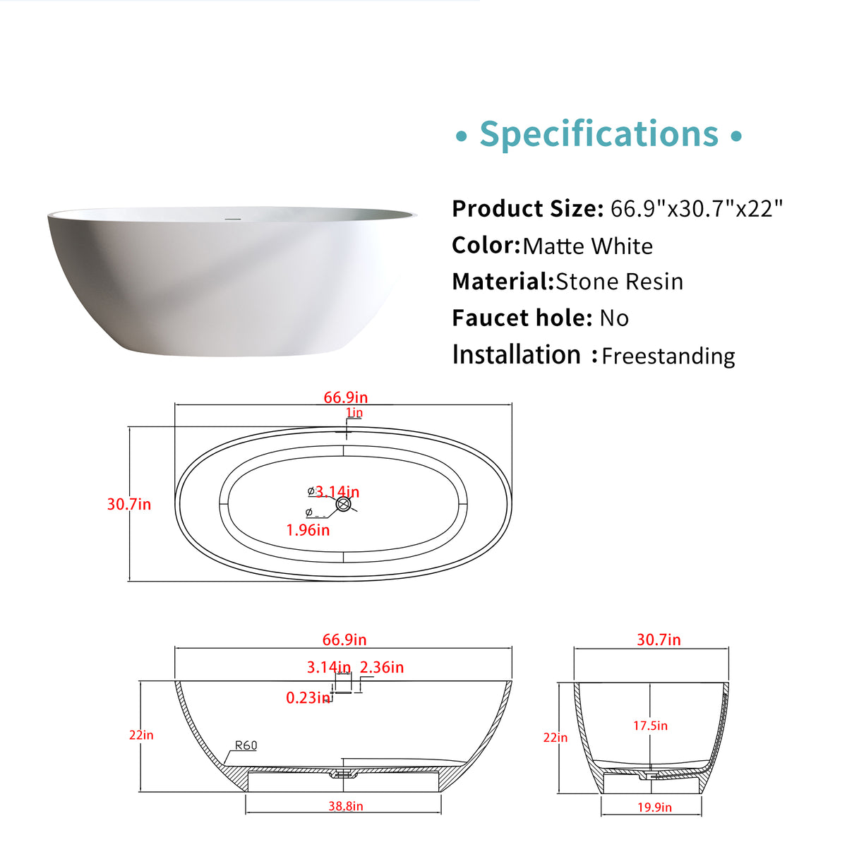 66.9″ Solid Surface Matte Tub - Freestanding Soaking Bathtub