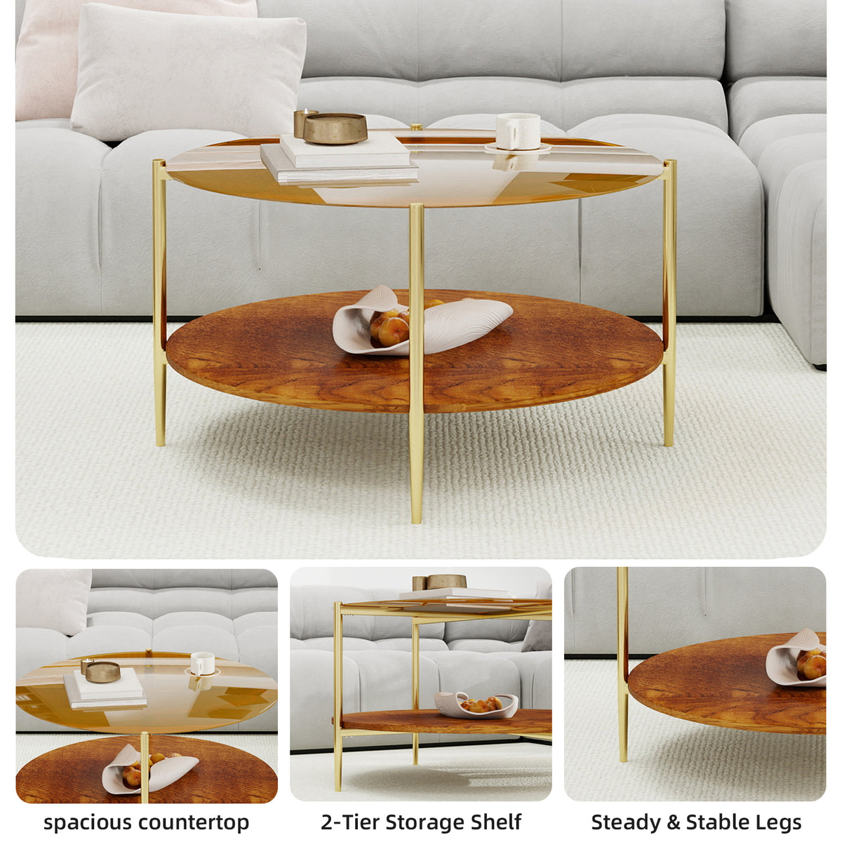 Luxurious Round Coffee Table with Gold-Tinted Tempered Glass Top