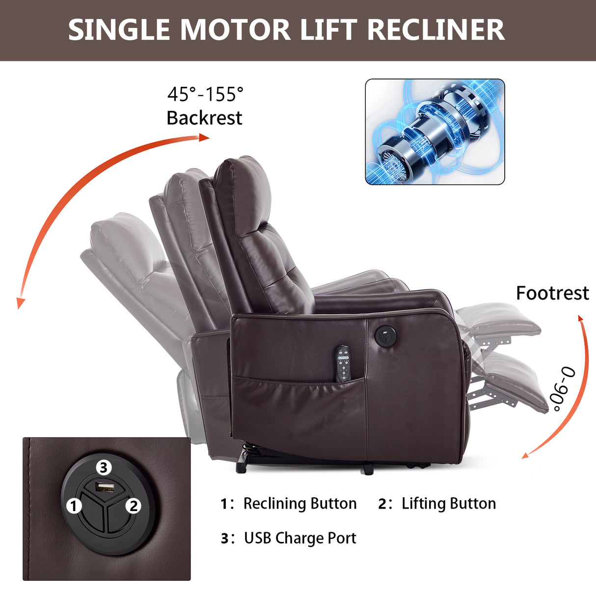 Brown PU Single Motor Power Lift Recliner Chair with Massage & Heat