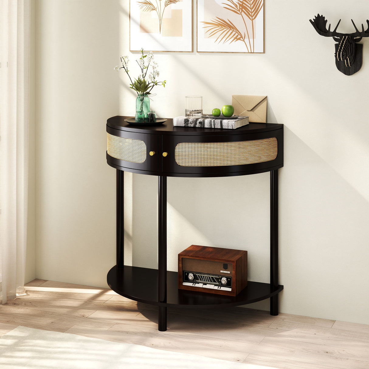 Boho Rattan Semi Circle End Table With Sliding Rattan Door, Storage And Bottom Shelf