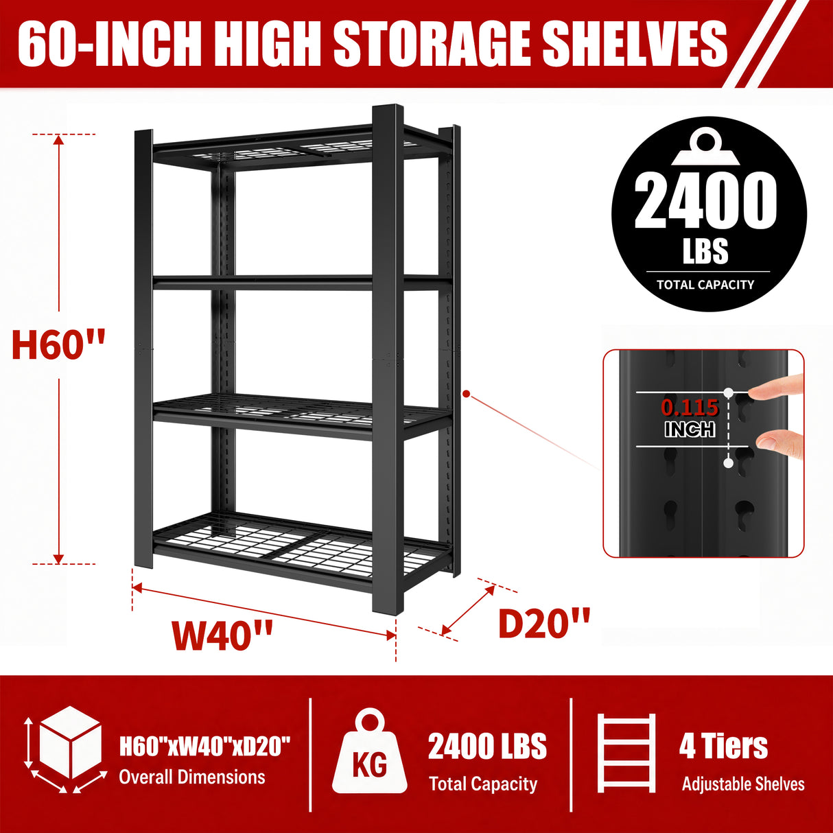 60"H 4-Tier Adjustable Heavy Duty Shelving Metal Mesh Storage Rack (2240 Lbs Loading Capacity) - Metal Shelf Organizer for Pantry, Garage, Kitchen - 40"W*20"D*60"H -