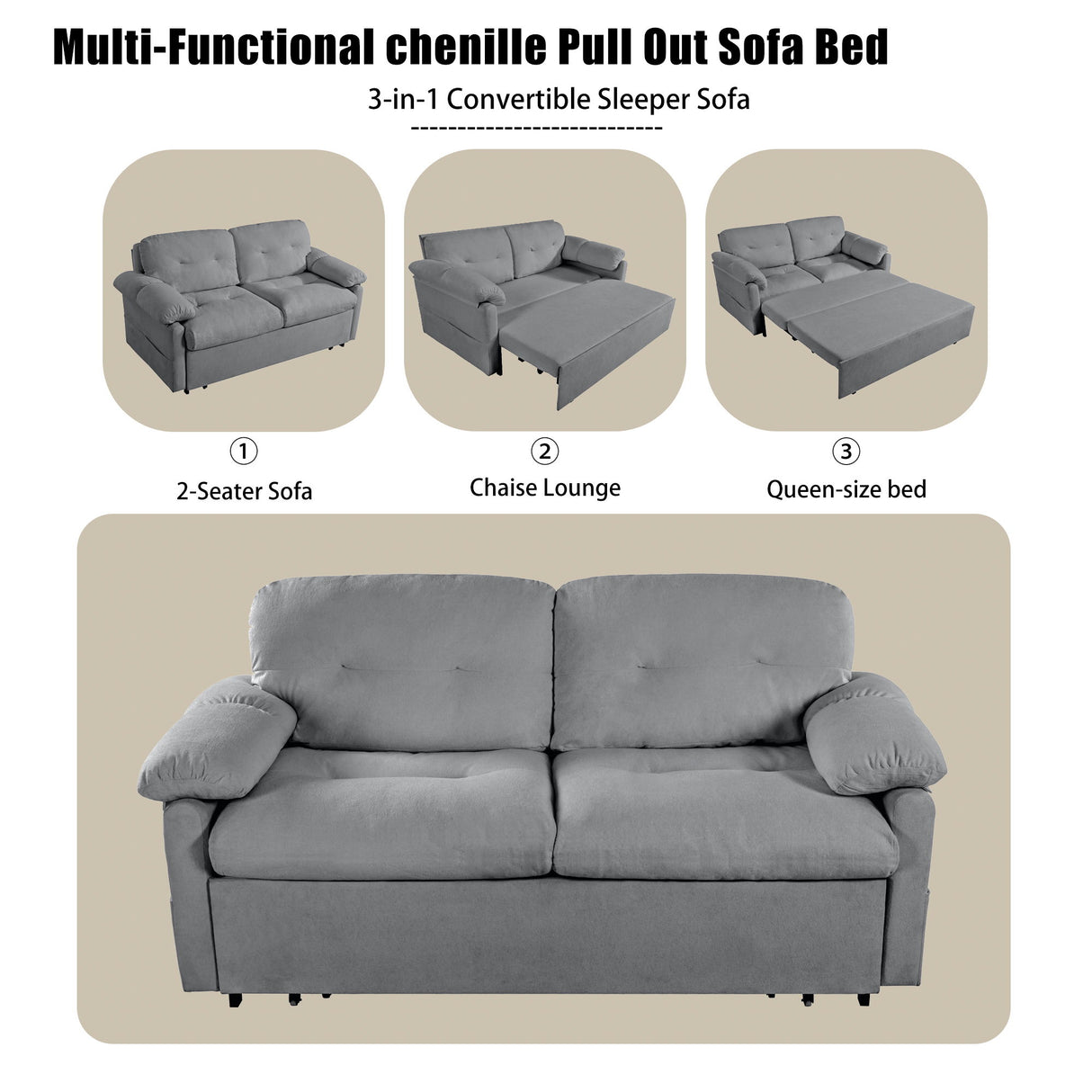Convertible Pull Out Sofa Bed Queen Size, 3 In 1 With Side Storage
