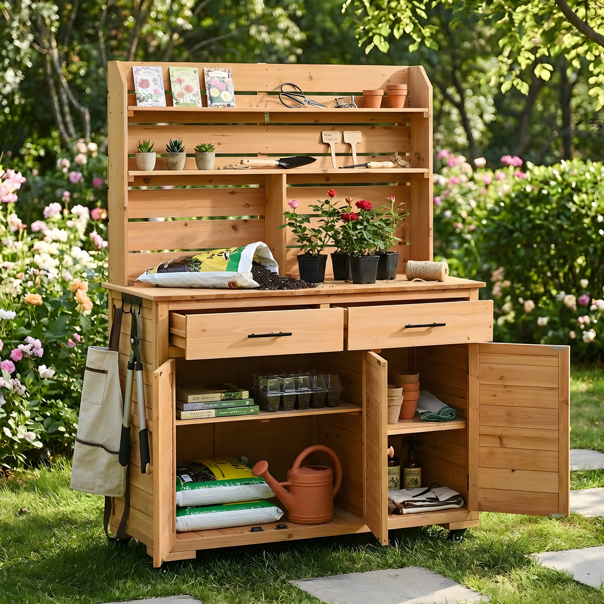TOPMAX 65''H Large Garden Potting Bench with Lockable Wheels and Storage Cabinet