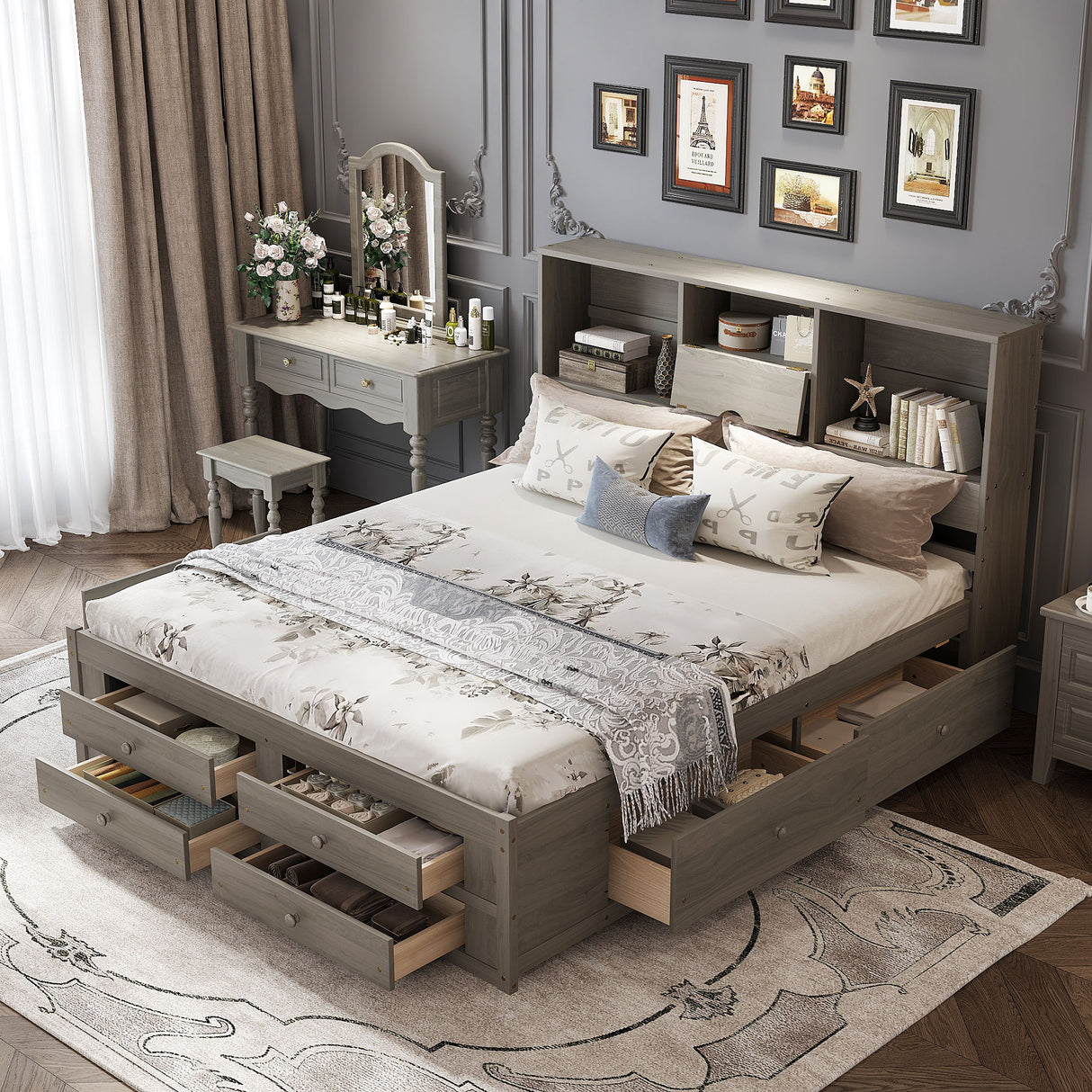 Platform Bed With Storage Headboard And 8 Drawers