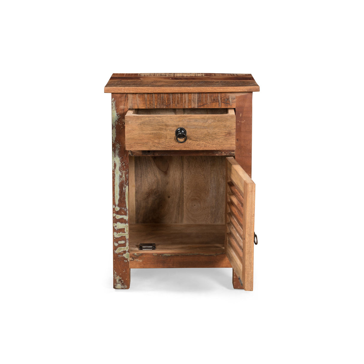 Recycled Wood Side Table With Drawer And Door - Natural