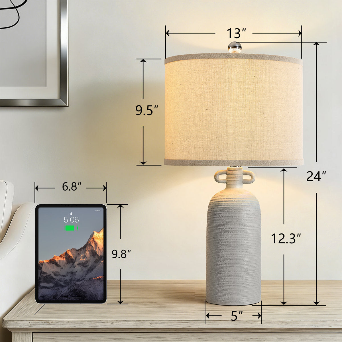 24-Inch Dimmable Ceramic Table Lamp Set with Linen Drum Shades, Gray, Set of 2